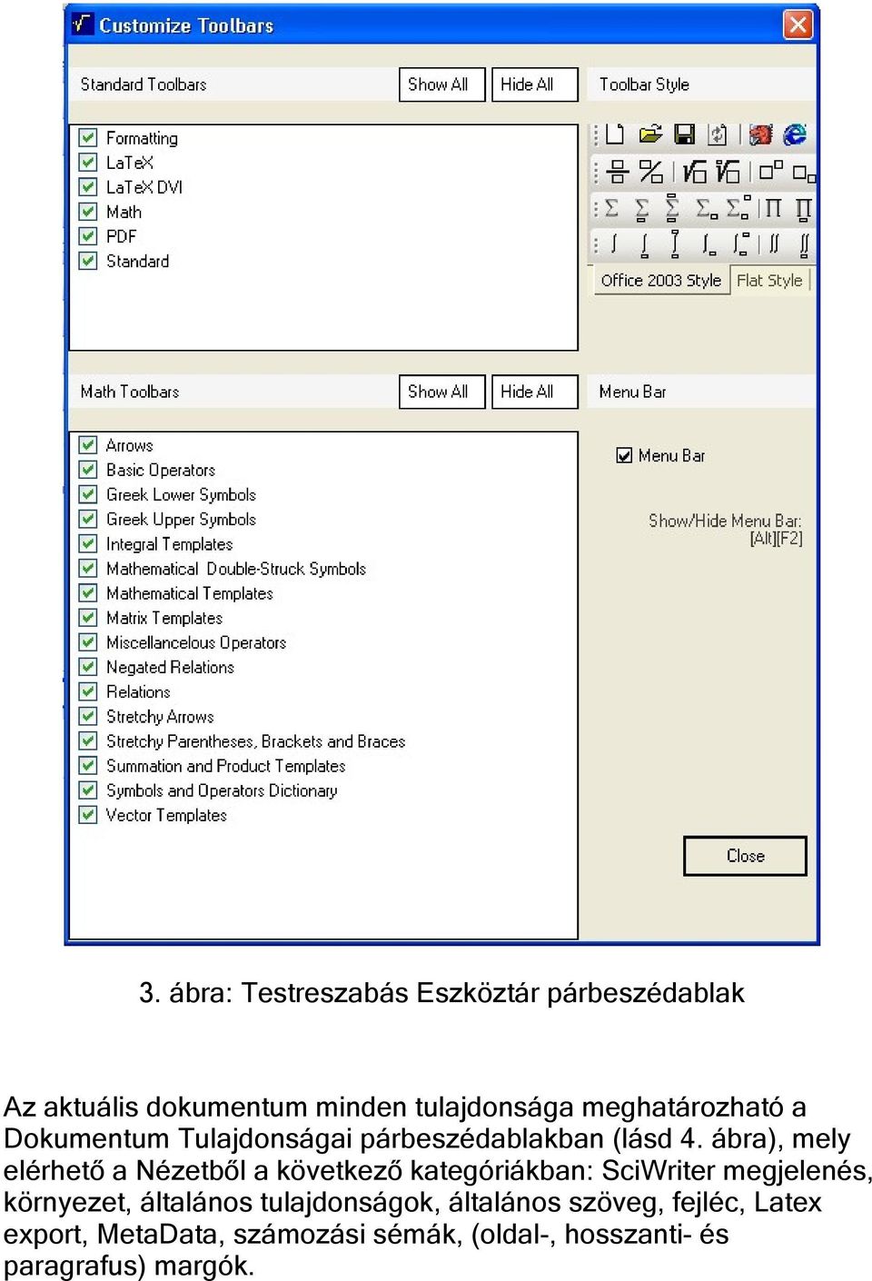 ábra), mely elérhető a Nézetből a következő kategóriákban: SciWriter megjelenés, környezet,