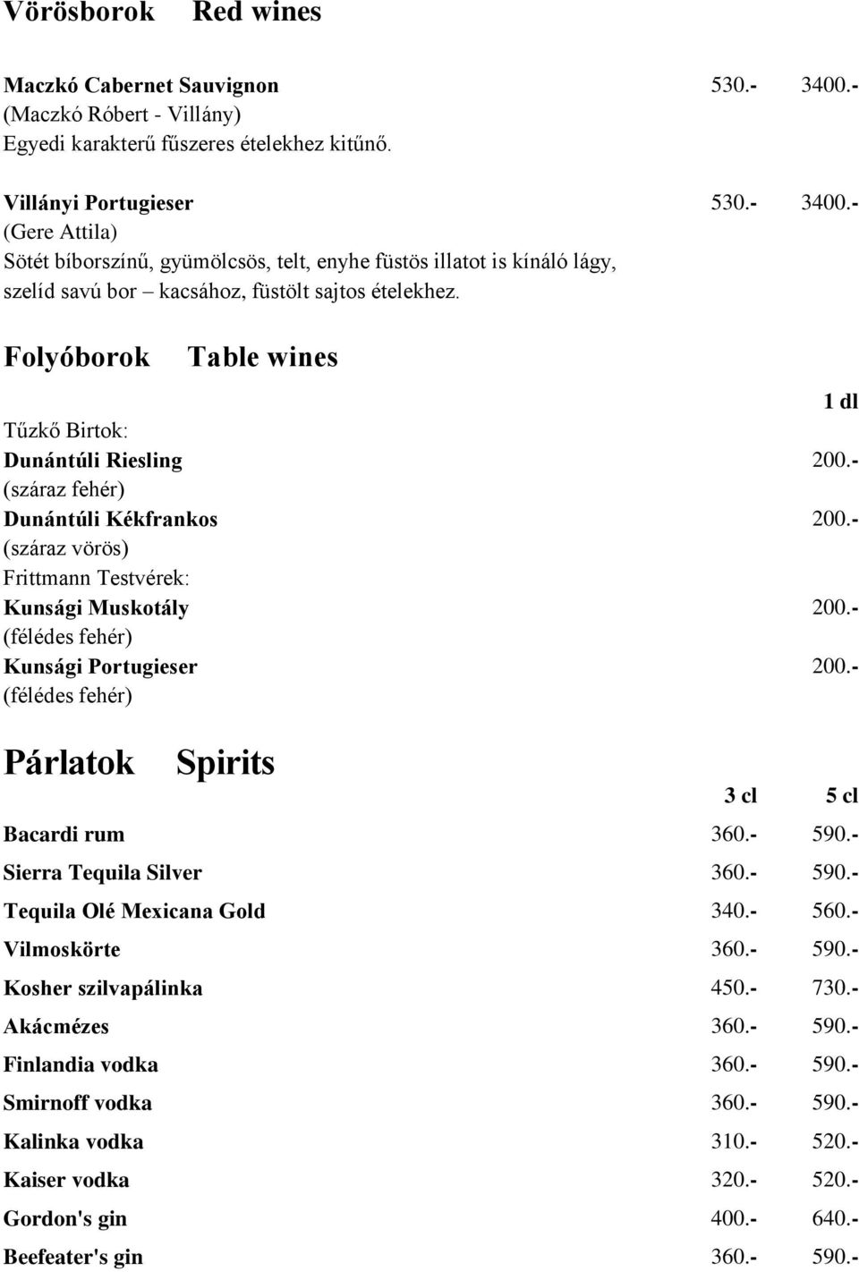 - (félédes fehér) Kunsági Portugieser 200.- (félédes fehér) Párlatok Bacardi rum Spirits 360.- 590.- Sierra Tequila Silver 360.- 590.- Tequila Olé Mexicana Gold 340.- 560.- Vilmoskörte 360.- 590.- Kosher szilvapálinka 450.