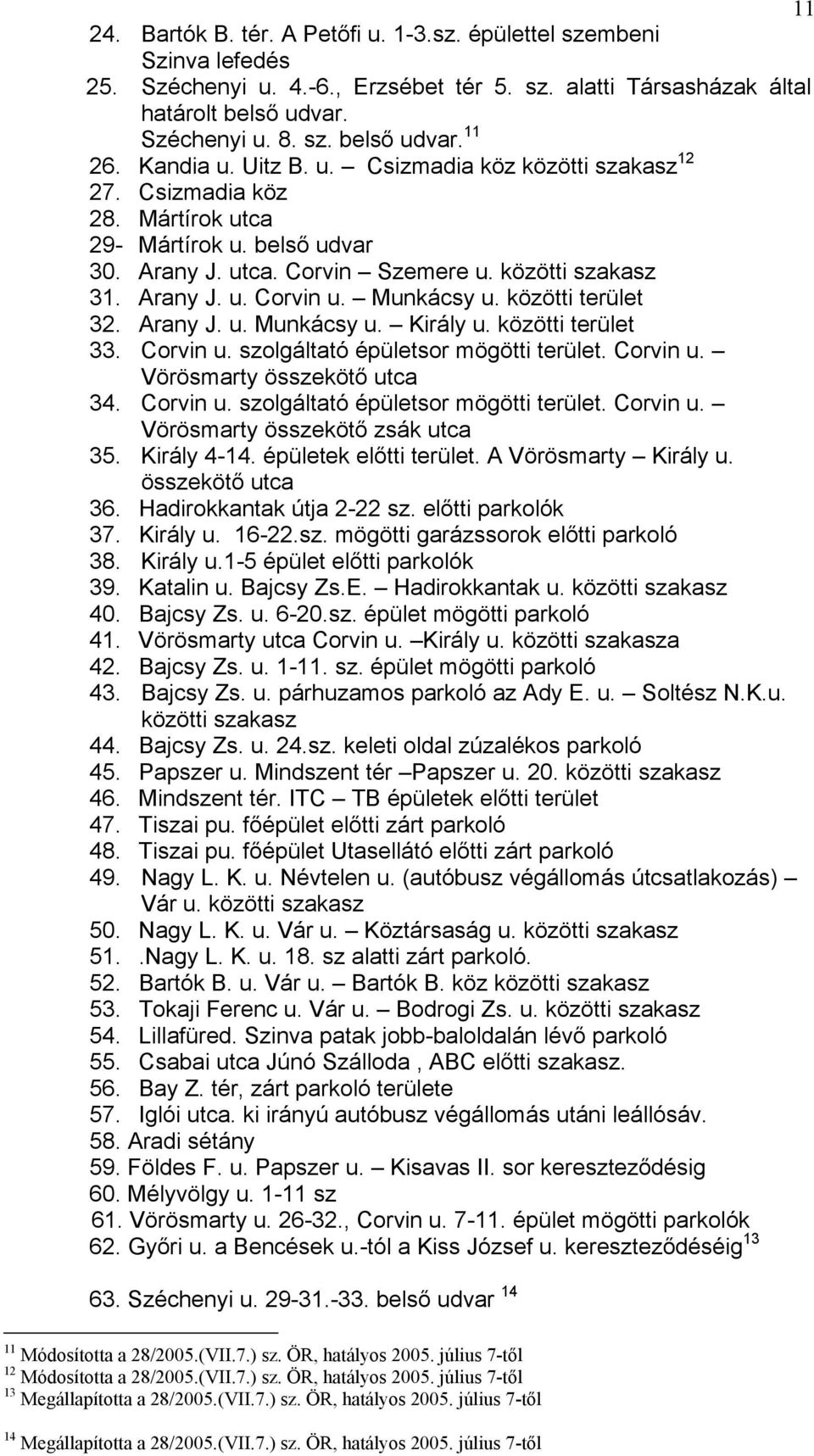Munkácsy u. közötti terület 32. Arany J. u. Munkácsy u. Király u. közötti terület 33. Corvin u. szolgáltató épületsor mögötti terület. Corvin u. Vörösmarty összekötő utca 34. Corvin u. szolgáltató épületsor mögötti terület. Corvin u. Vörösmarty összekötő zsák utca 35.