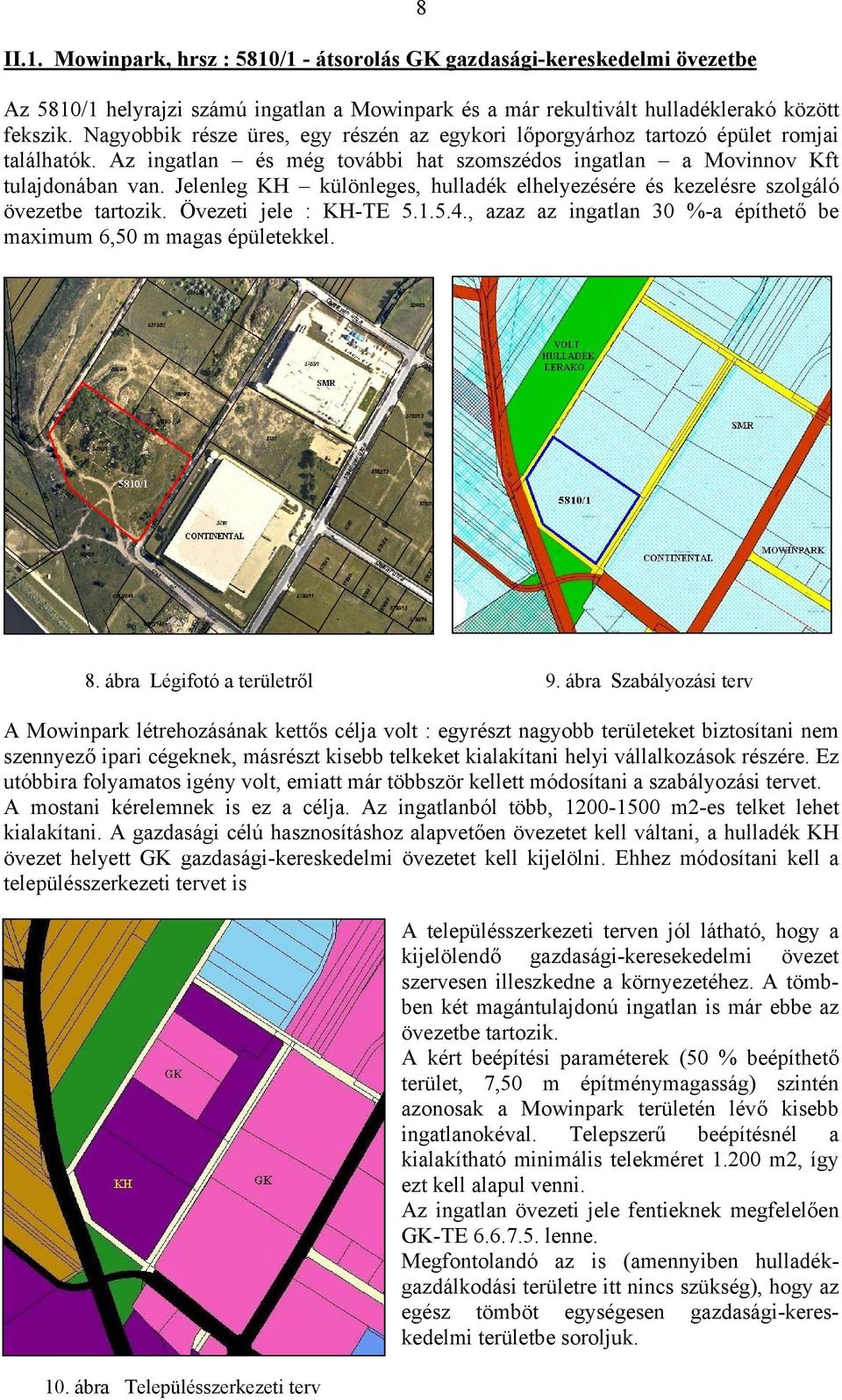 Jelenleg KH különleges, hulladék elhelyezésére és kezelésre szolgáló övezetbe tartozik. Övezeti jele : KH-TE 5.1.5.4., azaz az ingatlan 30 %-a építhető be maximum 6,50 m magas épületekkel. 8.