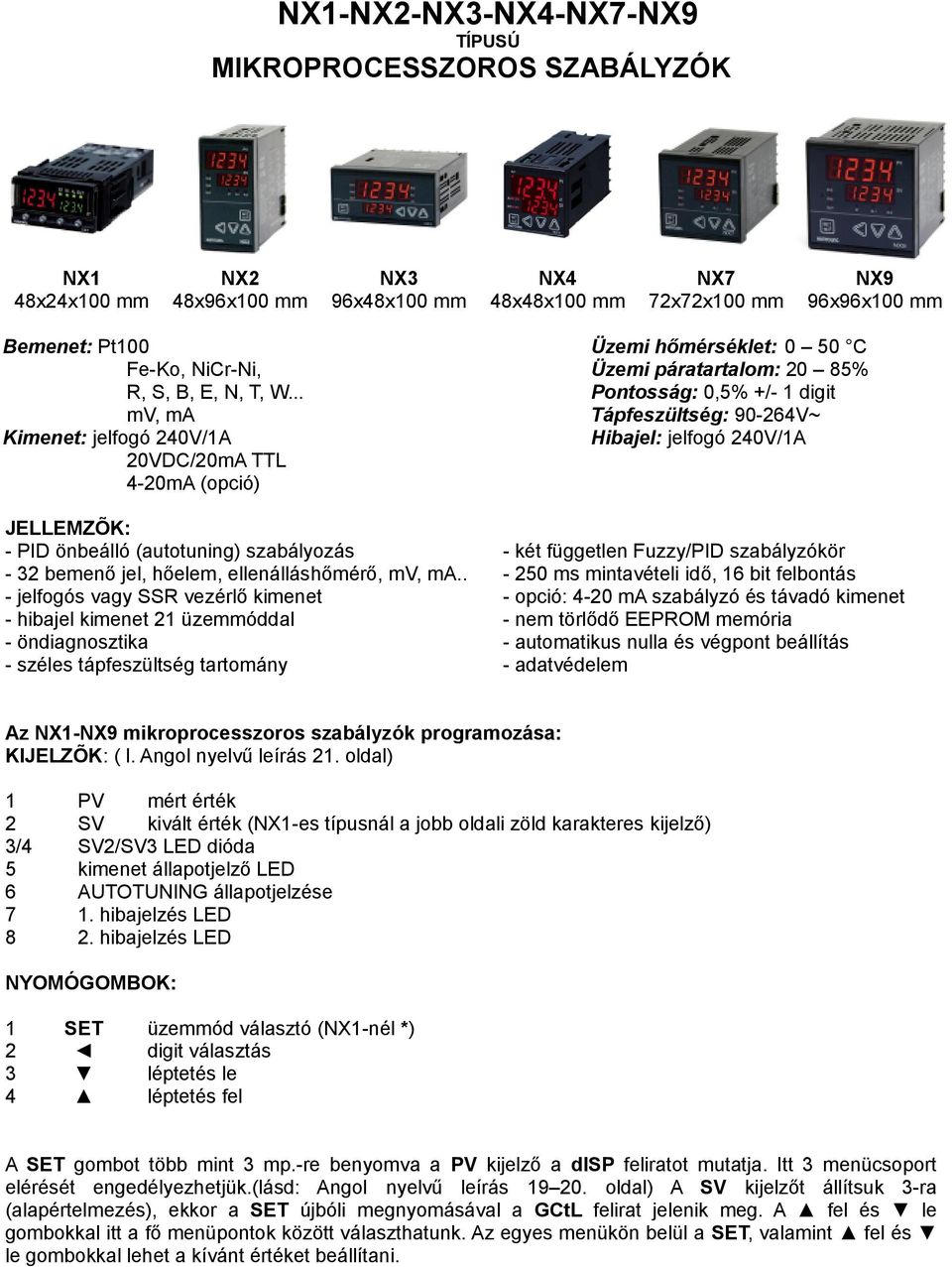 .. Pontosság: 0,5% +/- 1 digit mv, ma Tápfeszültség: 90-264V~ Kimenet: jelfogó 240V/1A 20VDC/20mA TTL 4-20mA (opció) Hibajel: jelfogó 240V/1A JELLEMZÕK: - PID önbeálló (autotuning) szabályozás - két