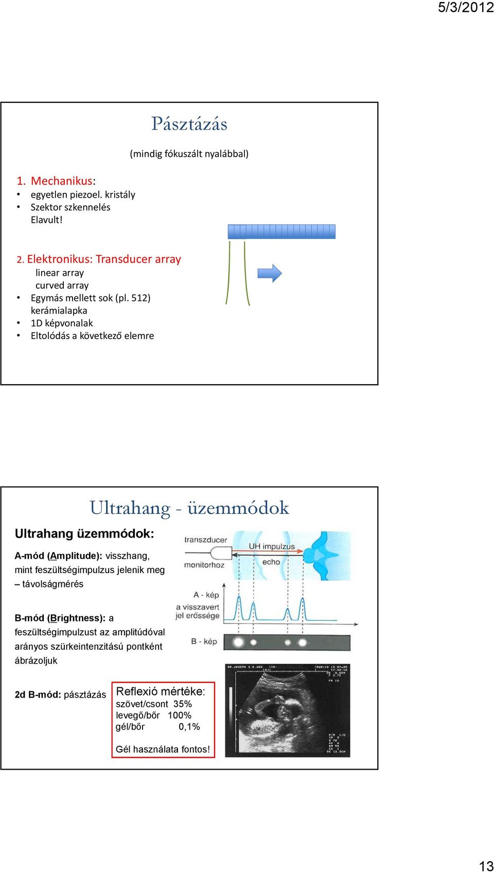 512) kerámialapka 1D képvonalak Eltolódás a következő elemre Ultrahang üzemmódok: A-mód (Amplitude): visszhang, mint feszültségimpulzus jelenik meg