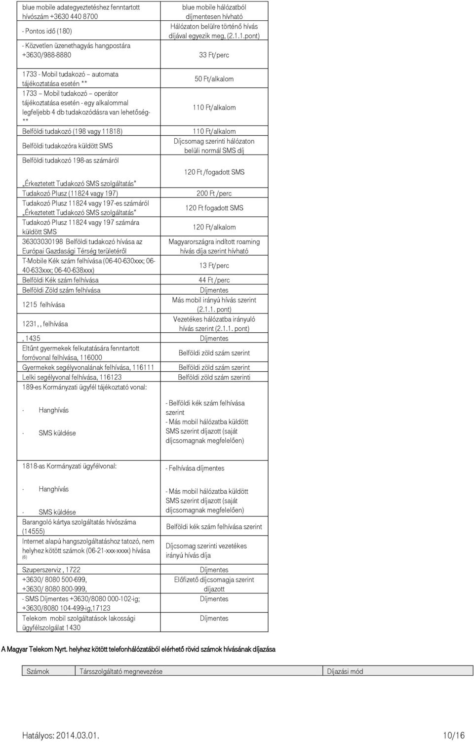 1.pont) - Közvetlen üzenethagyás hangpostára +3630/988-8880 /perc 1733 - Mobil tudakozó automata tájékoztatása esetén ** 1733 Mobil tudakozó operátor tájékoztatása esetén - egy alkalommal legfeljebb