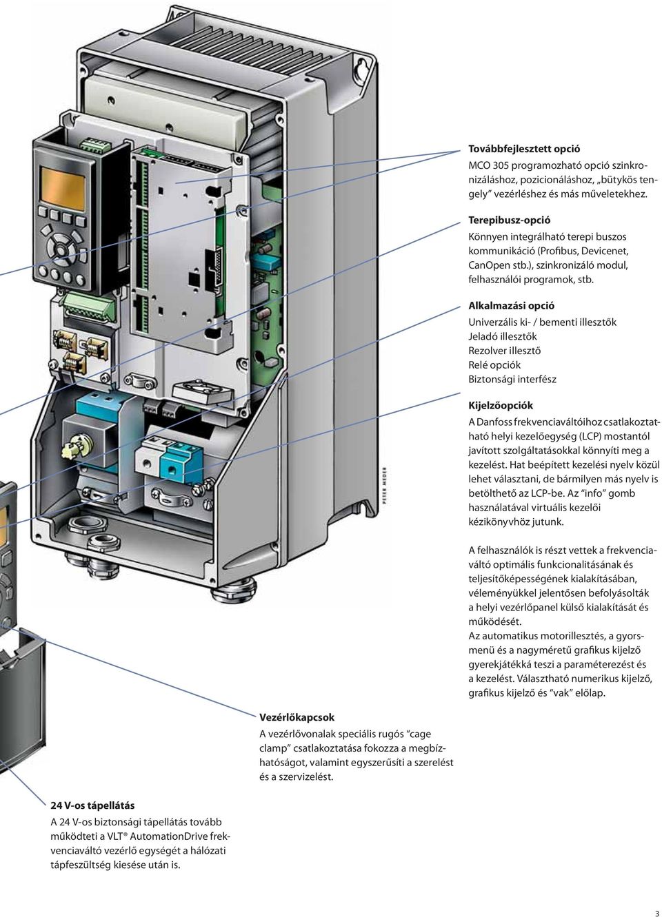 Alkalmazási opció Univerzális ki- / bementi illesztők Jeladó illesztők Rezolver illesztő Relé opciók Biztonsági interfész Kijelzőopciók A Danfoss frekvenciaváltóihoz csatlakoztatható helyi