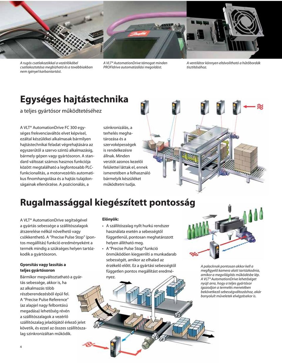 Egységes hajtástechnika a teljes gyártósor működtetéséhez A VLT AutomationDrive FC 300 egységes frekvenciaváltós elvet képvisel, ezáltal készülékei alkalmasak bármilyen hajtástechnikai feladat