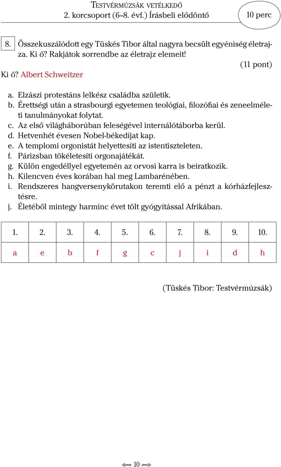 d. Hetvenhét évesen Nobel-békedíjat kap. e. A templomi orgonistát helyettesíti az istentiszteleten. f. Párizsban tökéletesíti orgonajátékát. g.