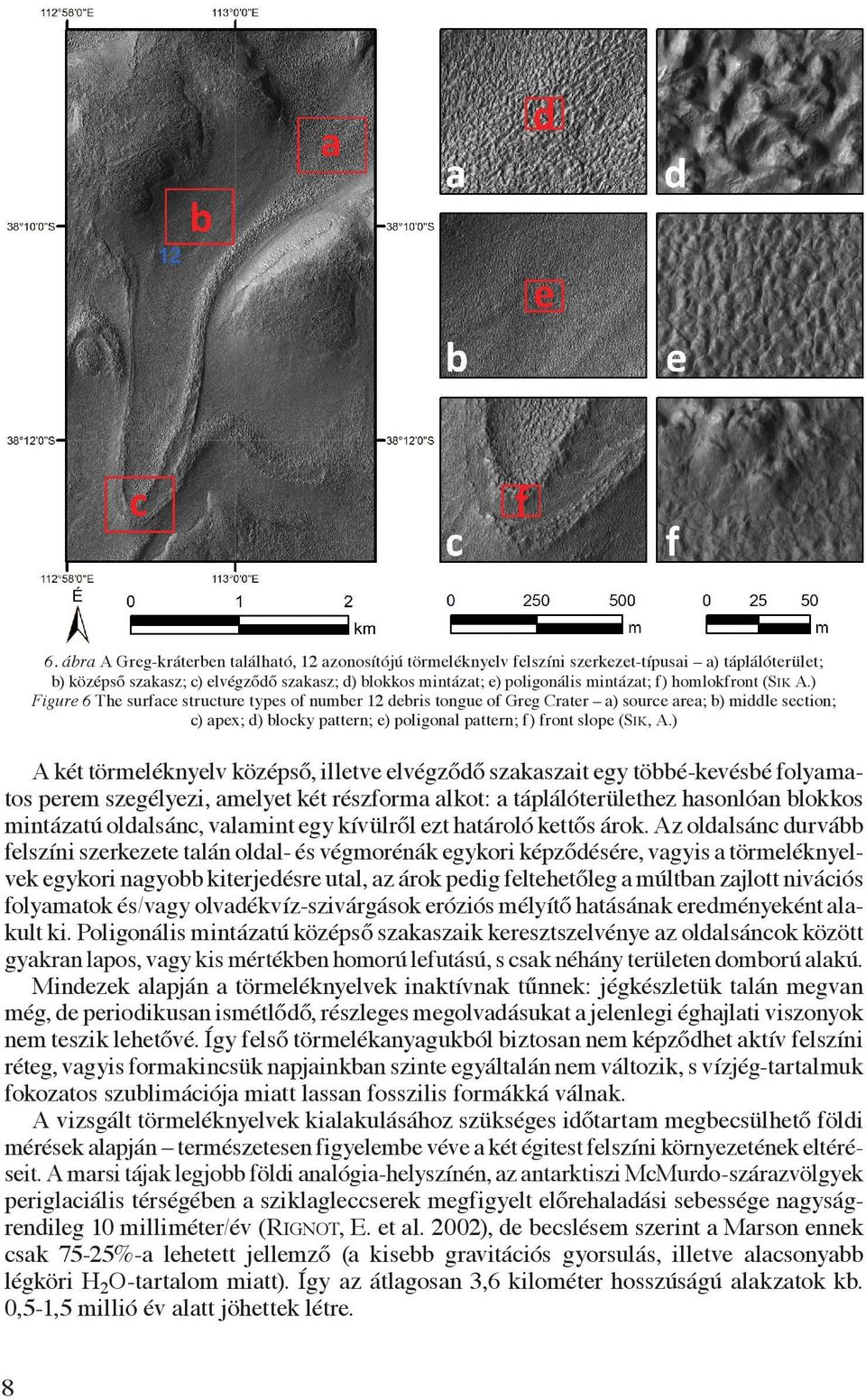) Figure 6 The surface structure types of number 12 debris tongue of Greg Crater a) source area; b) middle section; c) apex; d) blocky pattern; e) poligonal pattern; f) front slope (Sik, A.