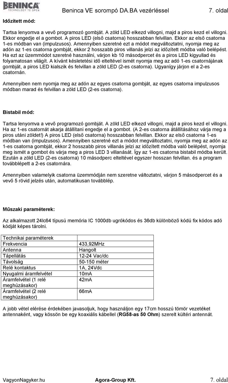 Amennyiben szeretné ezt a módot megváltoztatni, nyomja meg az adón az 1-es csatorna gombját, ekkor 2 hosszabb piros villanás jelzi az időzített módba való belépést.