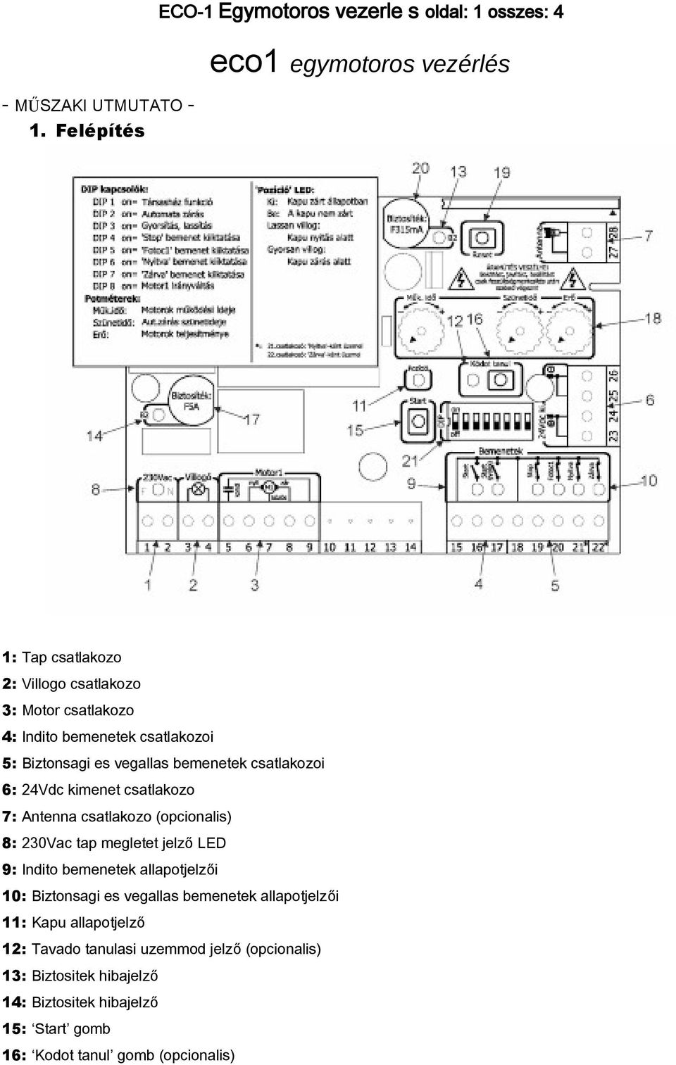 vegallas bemenetek csatlakozoi 6: 24Vdc kimenet csatlakozo 7: Antenna csatlakozo (opcionalis) 8: 230Vac tap megletet jelző LED 9: Indito bemenetek