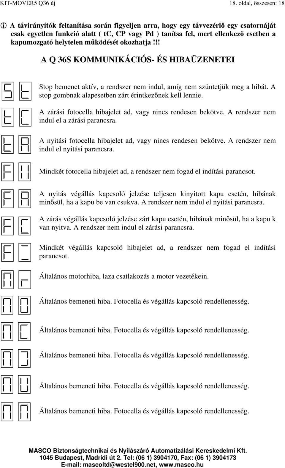 helytelen m ködését okozhatja!!! A Q 36S KOMMUNIKÁCIÓS- ÉS HIBAÜZENETEI Stop bemenet aktív, a rendszer nem indul, amíg nem szüntetjük meg a hibát.