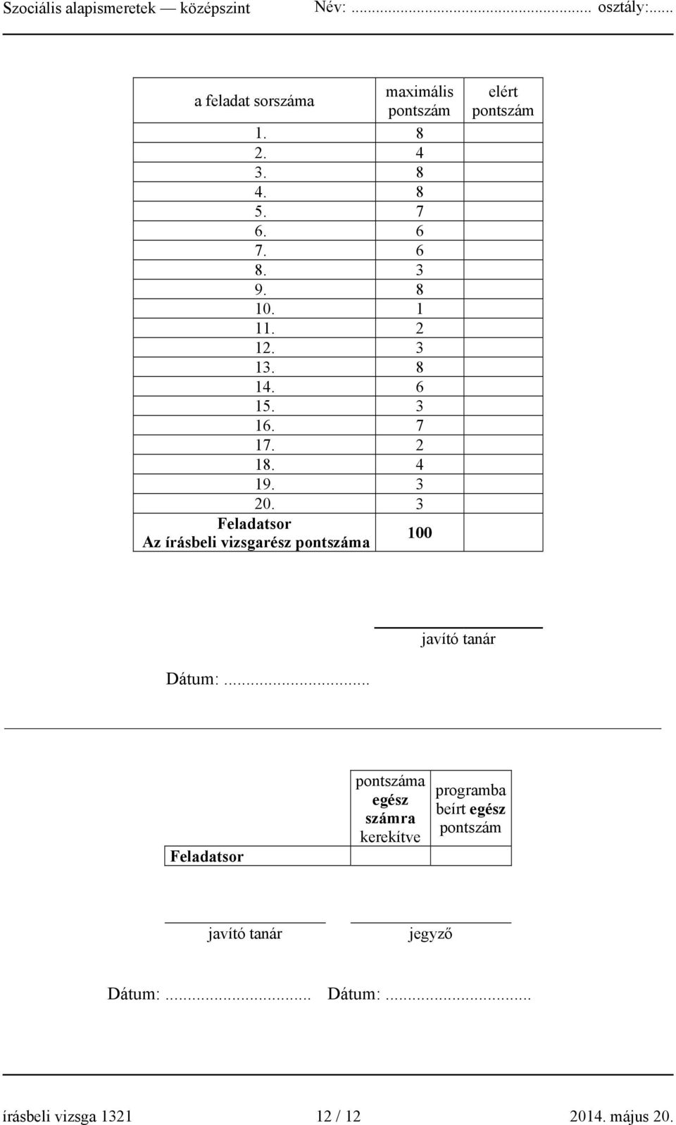 3 Feladatsor Az írásbeli vizsgarész pontszáma 100 elért pontszám javító tanár Dátum:.