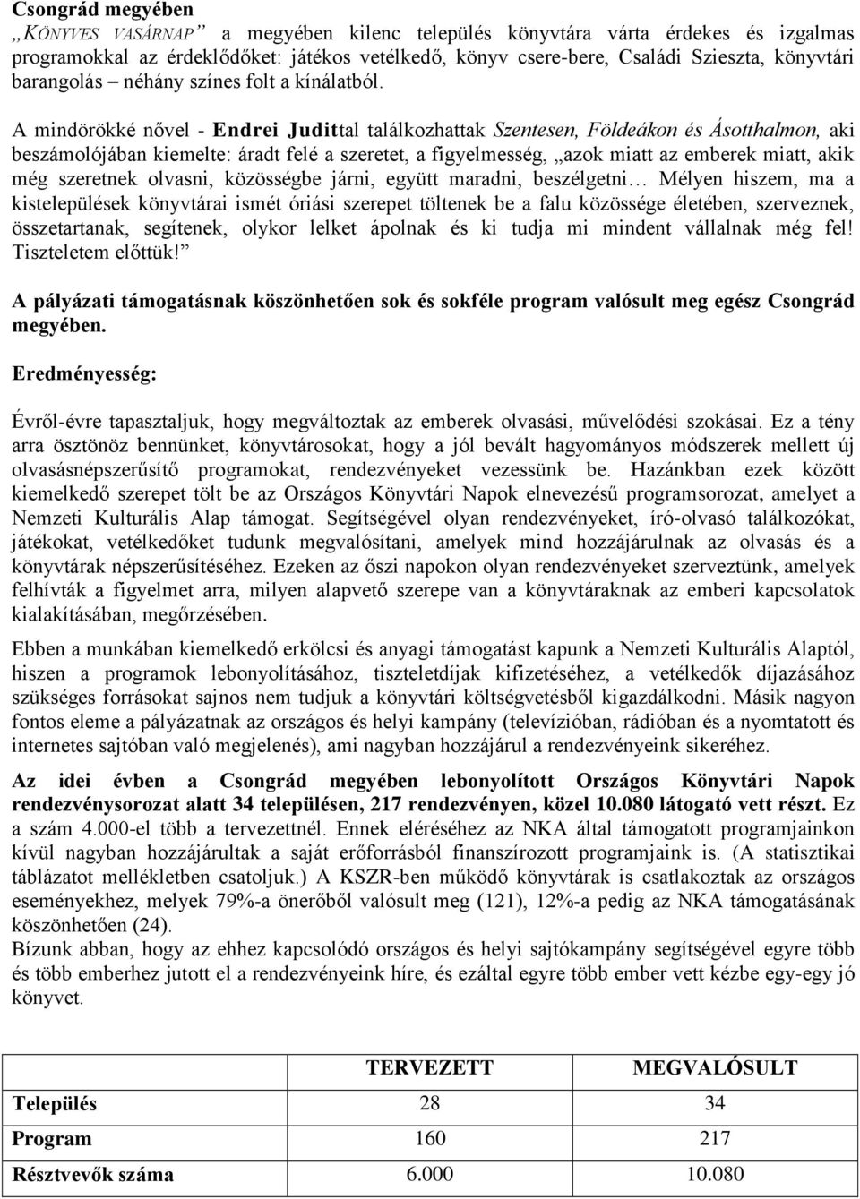A mindörökké nővel - Endrei Judittal találkozhattak Szentesen, Földeákon és Ásotthalmon, aki beszámolójában kiemelte: áradt felé a szeretet, a figyelmesség, azok miatt az emberek miatt, akik még