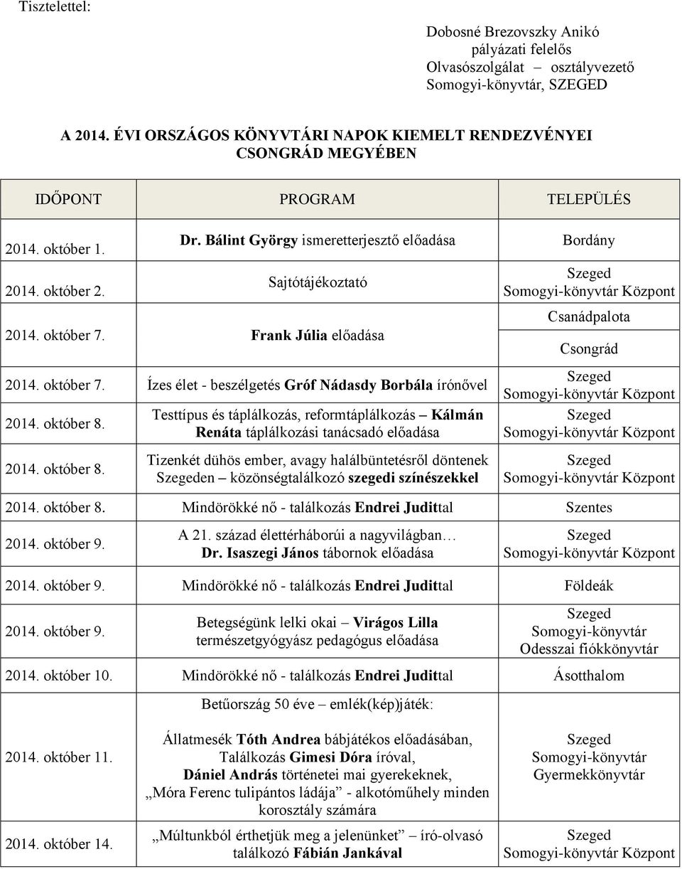 október 7. Frank Júlia előadása 2014. október 7. Ízes élet - beszélgetés Gróf Nádasdy Borbála írónővel 2014. október 8.