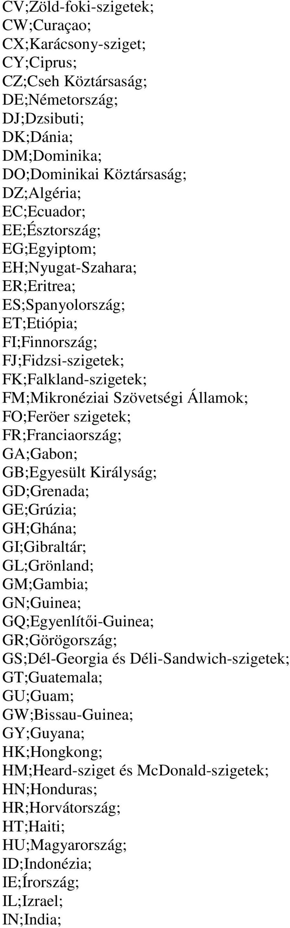 szigetek; FR;Franciaország; GA;Gabon; GB;Egyesült Királyság; GD;Grenada; GE;Grúzia; GH;Ghána; GI;Gibraltár; GL;Grönland; GM;Gambia; GN;Guinea; GQ;Egyenlítıi-Guinea; GR;Görögország; GS;Dél-Georgia és