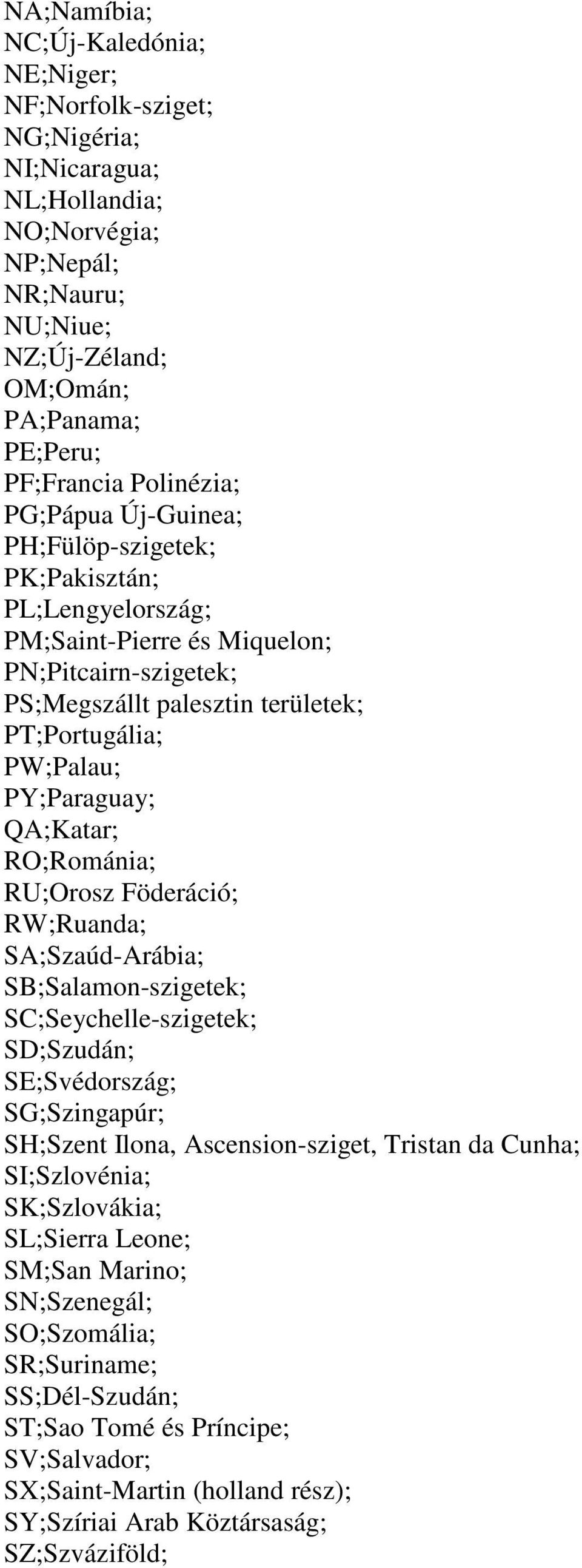PY;Paraguay; QA;Katar; RO;Románia; RU;Orosz Föderáció; RW;Ruanda; SA;Szaúd-Arábia; SB;Salamon-szigetek; SC;Seychelle-szigetek; SD;Szudán; SE;Svédország; SG;Szingapúr; SH;Szent Ilona,