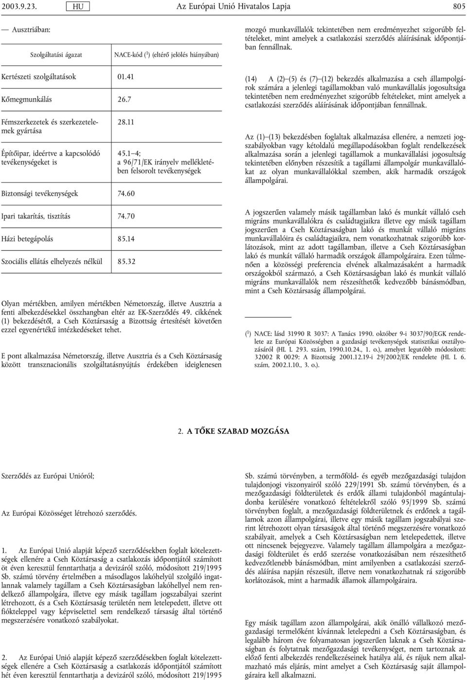 11 Biztonsági tevékenységek 74.60 Ipari takarítás, tisztítás 74.70 Házi betegápolás 85.14 Szociális ellátás elhelyezés nélkül 85.32 45.