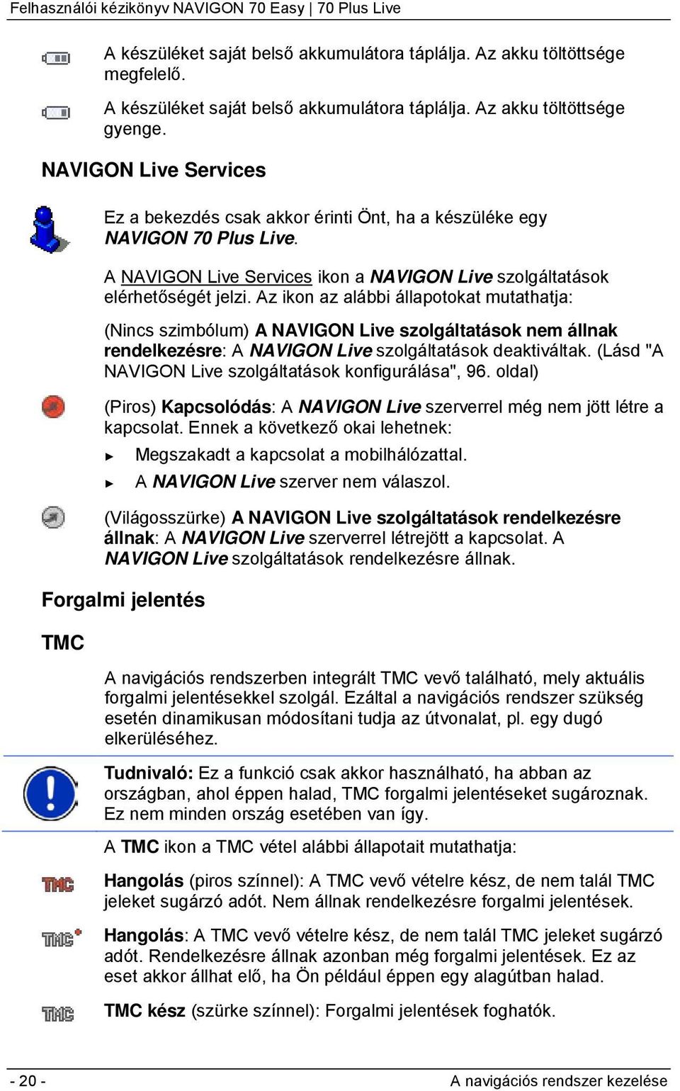 Az ikon az alábbi állapotokat mutathatja: (Nincs szimbólum) A NAVIGON Live szolgáltatások nem állnak rendelkezésre: A NAVIGON Live szolgáltatások deaktiváltak.