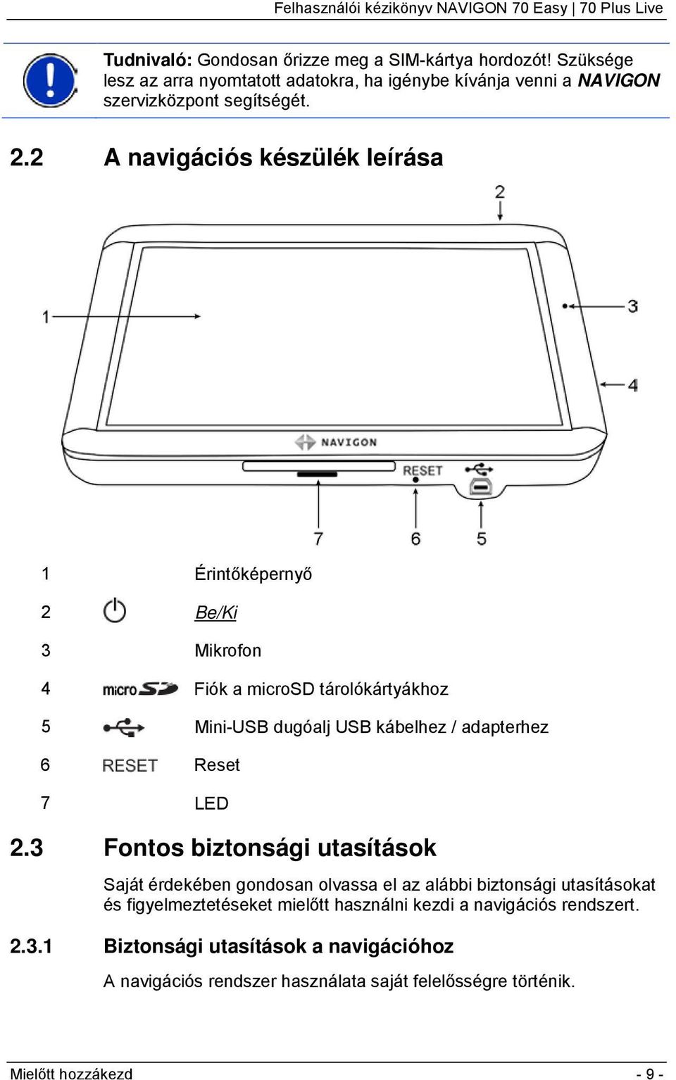 2 A navigációs készülék leírása 1 Érintőképernyő 2 Be/Ki 3 Mikrofon 4 Fiók a microsd tárolókártyákhoz 5 Mini-USB dugóalj USB kábelhez / adapterhez 6 Reset