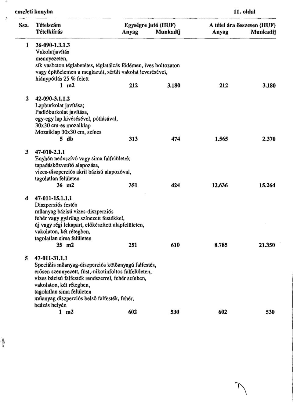 180 212 3.180 2 42-090-3.1.1.2 Lapburkolat javítása; Padlóburkolat javítása, egy-egy lap kivésésével, pótlásával, 30x30 cm-es mozaiklap Mozaiklap 30x30 cm, színes 5 db 313 474 1.565 2.370 3 47-010-2.