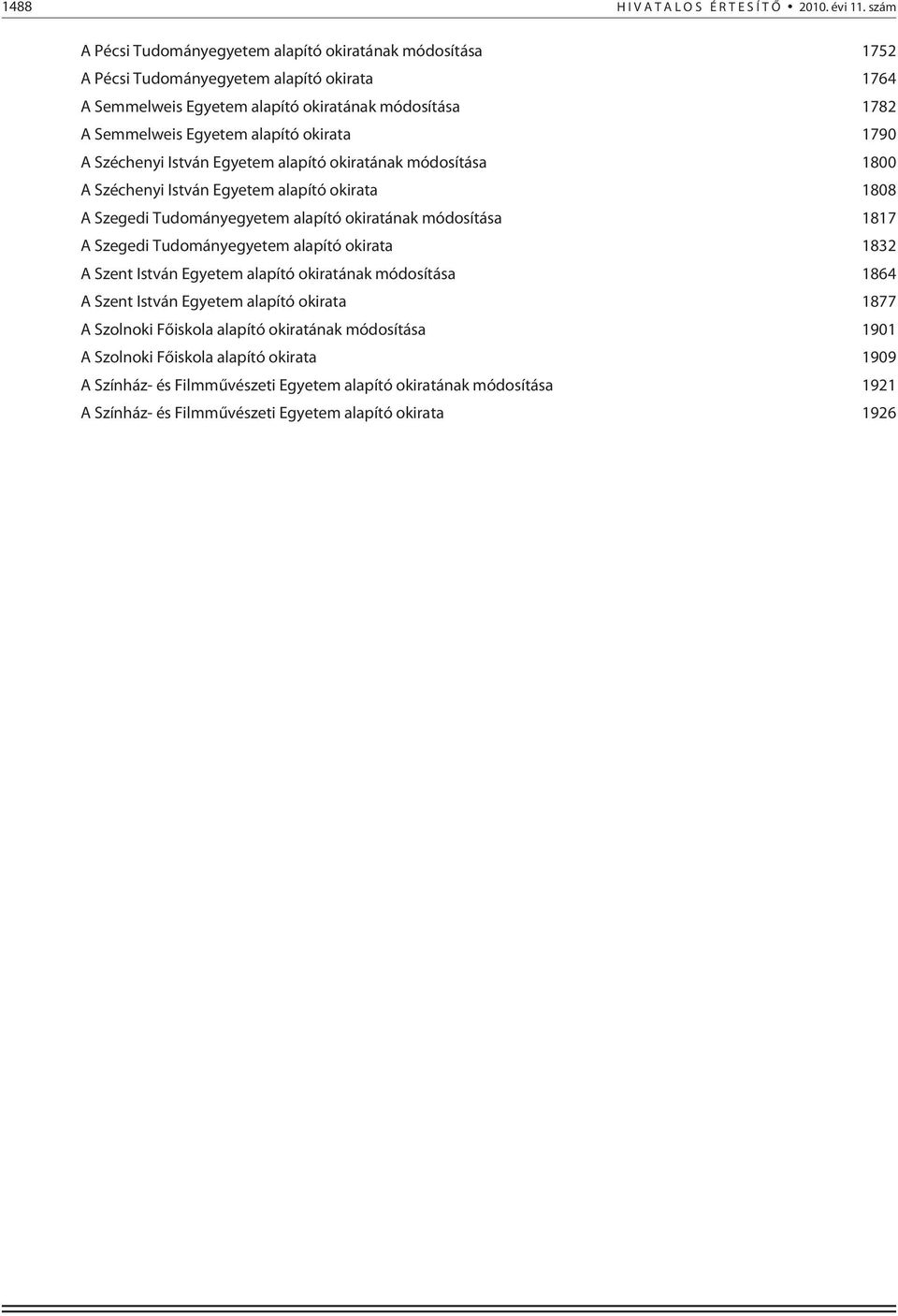okirata 1790 A Széchenyi István Egyetem alapító okiratának módosítása 1800 A Széchenyi István Egyetem alapító okirata 1808 A Szegedi Tudományegyetem alapító okiratának módosítása 1817 A Szegedi