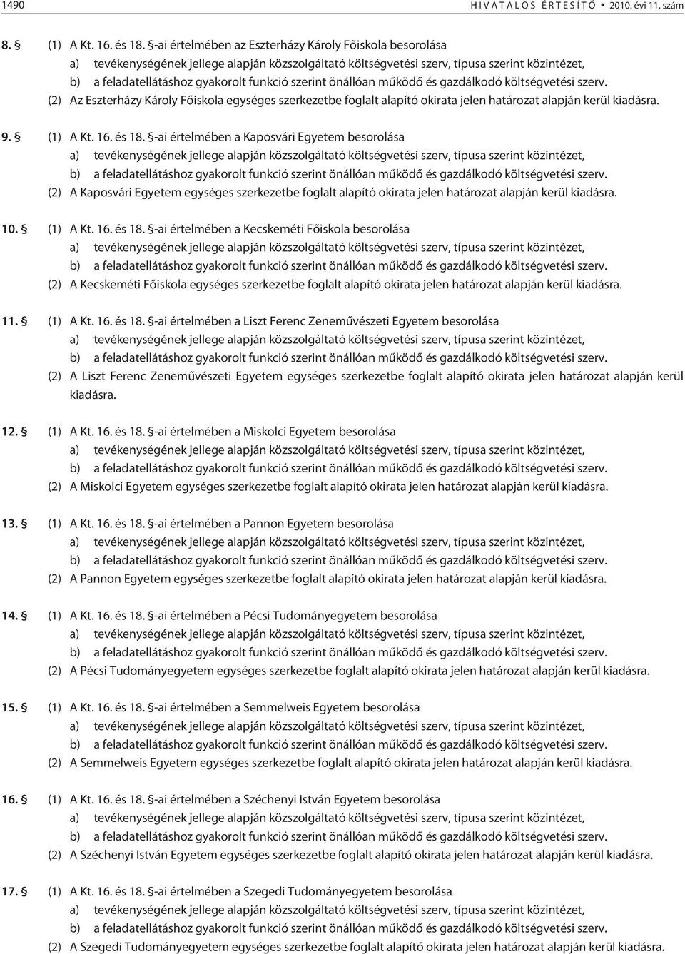 önállóan mûködõ és gazdálkodó költségvetési szerv. (2) Az Eszterházy Károly Fõiskola egységes szerkezetbe foglalt alapító okirata jelen határozat alapján kerül kiadásra. 9. (1) A Kt. 16. és 18.