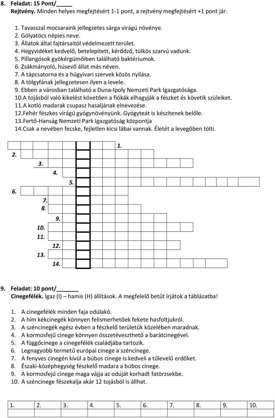 Zsákmányoló, húsevő állat más néven. 7. A tápcsatorna és a húgyivari szervek közös nyílása. 8. A tölgyfának jellegzetesen ilyen a levele. 9.