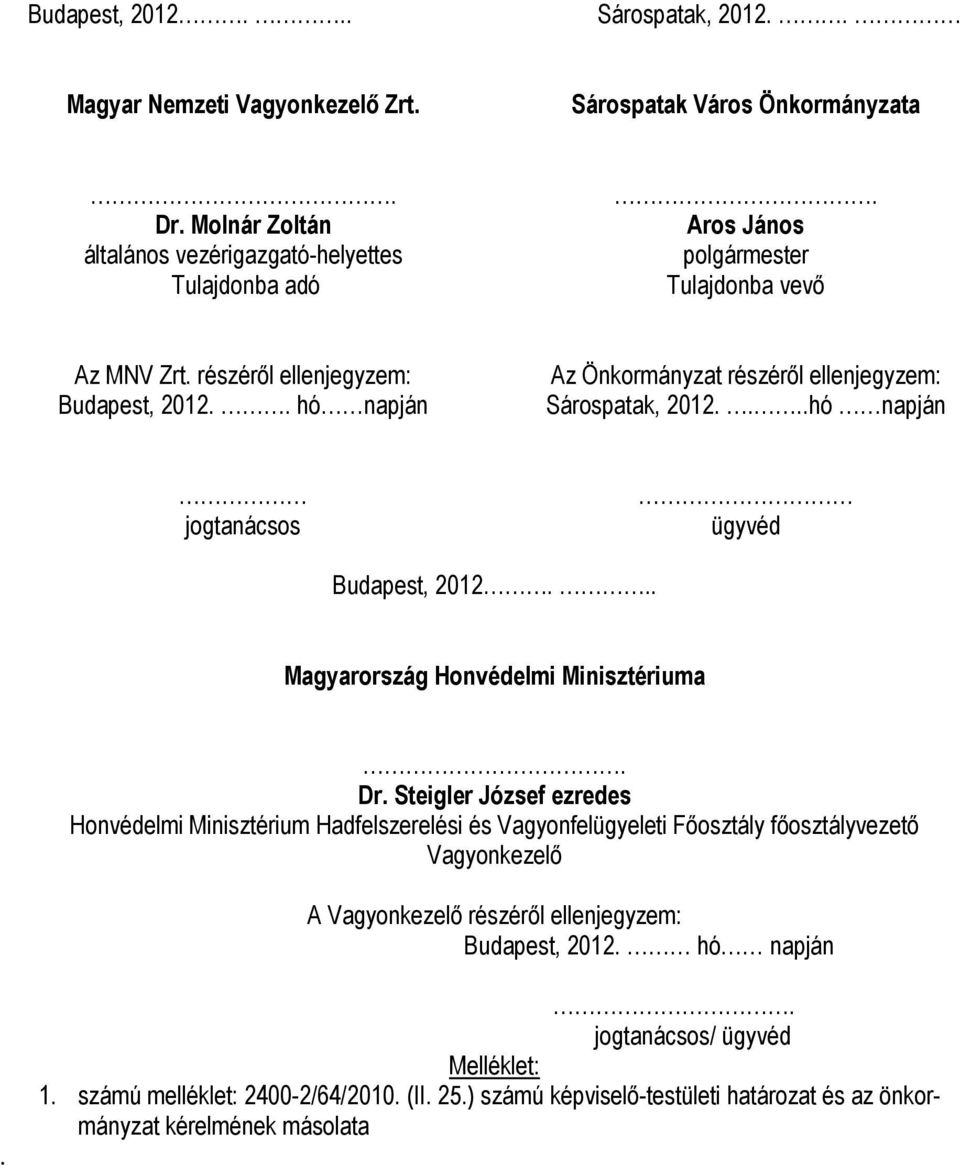 ...hó napján jogtanácsos ügyvéd Budapest, 2012... Magyarország Honvédelmi Minisztériuma. Dr.
