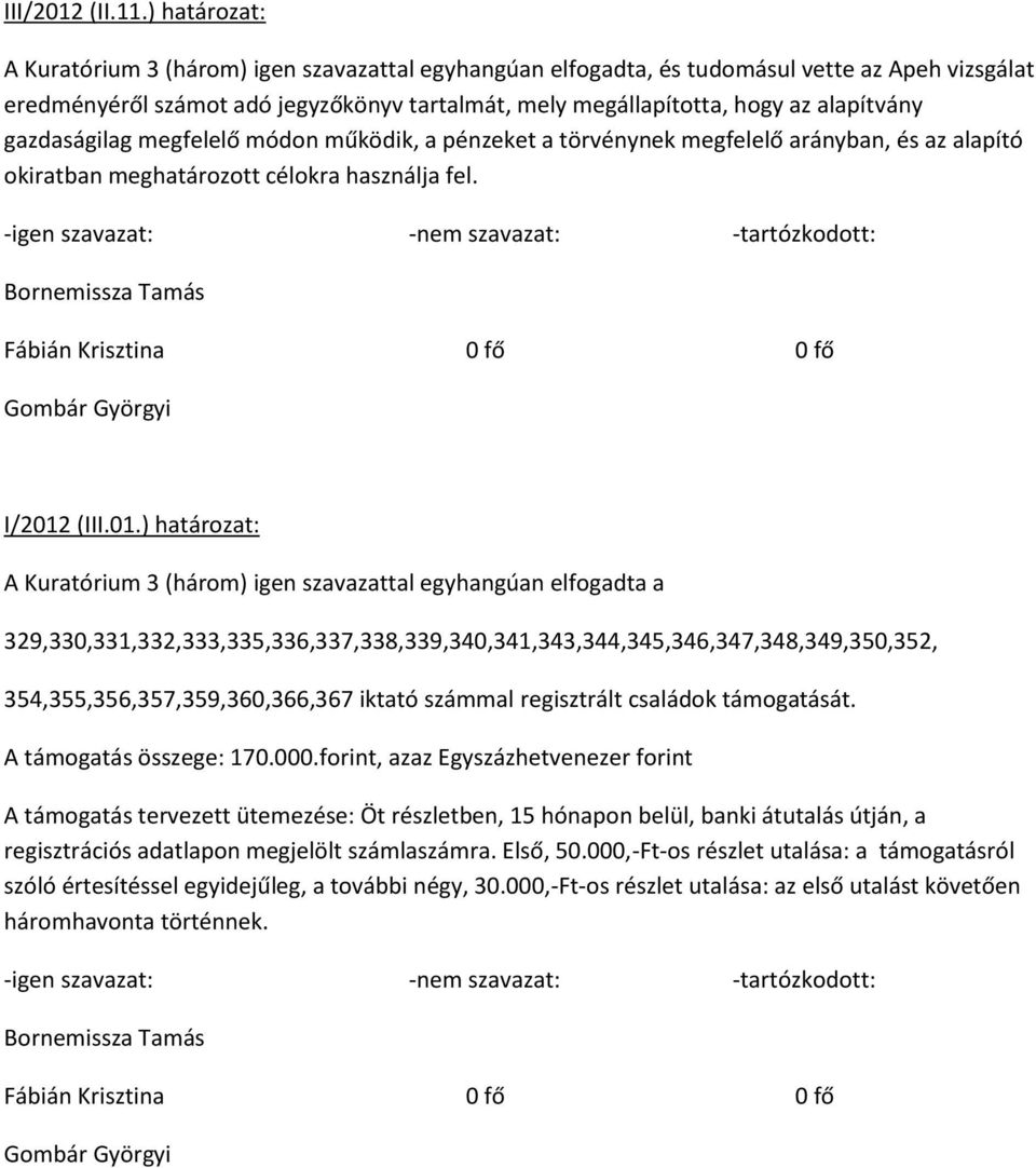 gazdaságilag megfelelő módon működik, a pénzeket a törvénynek megfelelő arányban, és az alapító okiratban meghatározott célokra használja fel. I/2012