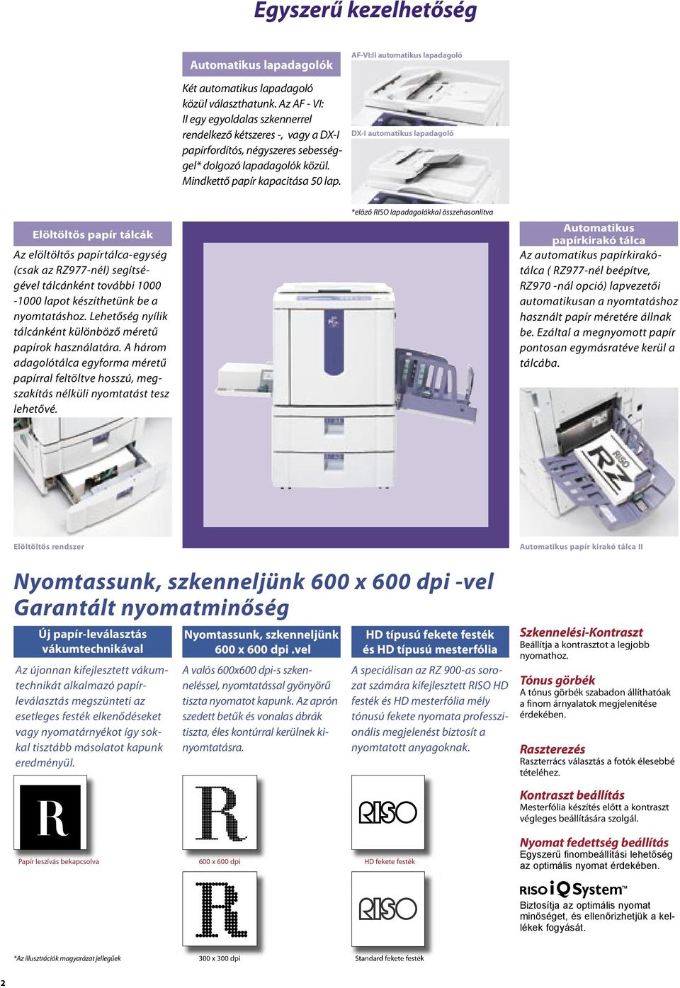 AF-VI:II automatikus lapadagoló DX-I automatikus lapadagoló Elöltöltős papír tálcák Az elöltöltős papírtálca-egység (csak az RZ977-nél) segítségével tálcánként további 1000-1000 lapot készíthetünk be