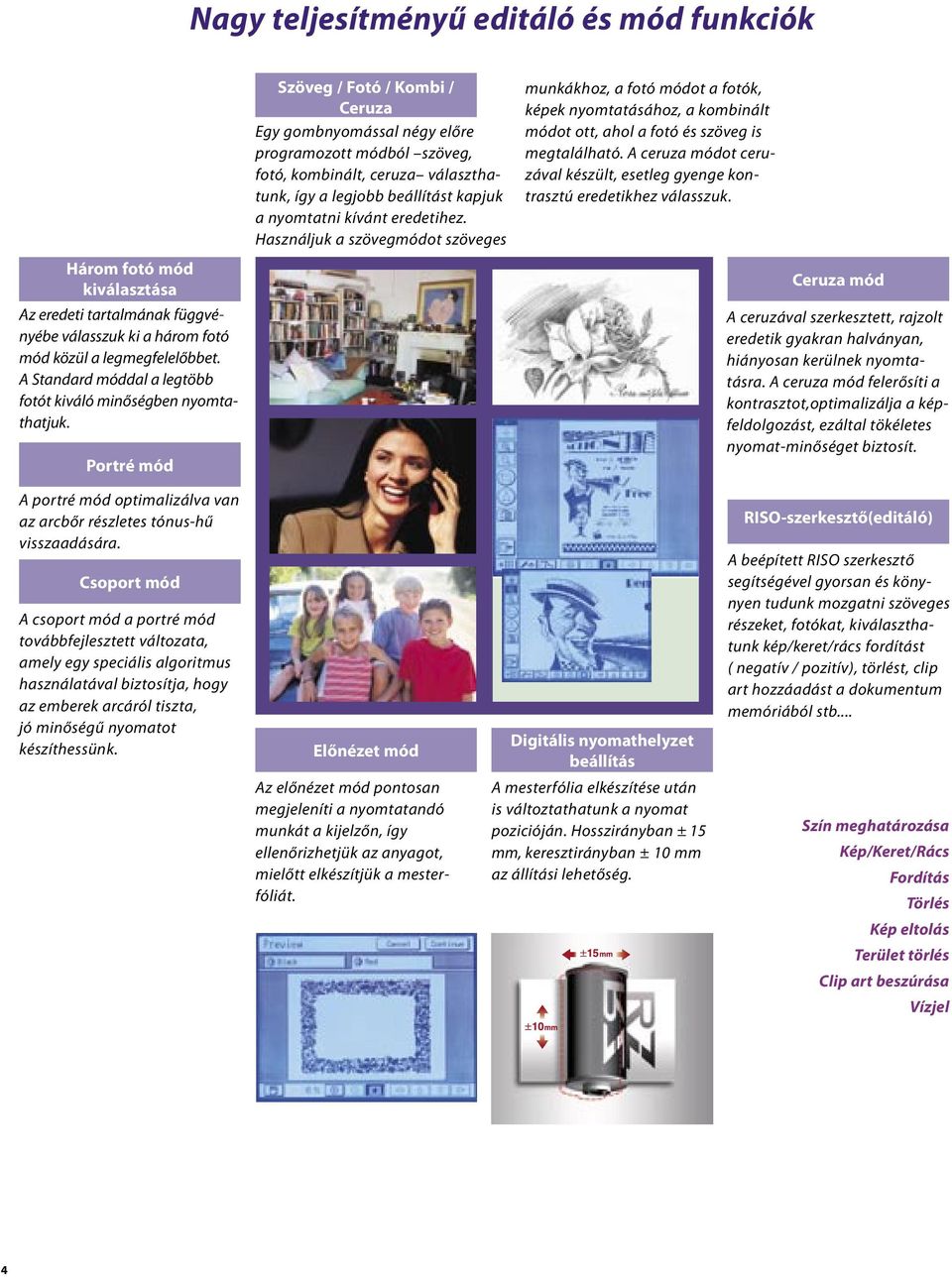 Portré mód Szöveg / Fotó / Kombi / Ceruza Egy gombnyomással négy előre programozott módból szöveg, fotó, kombinált, ceruza választhatunk, így a legjobb beállítást kapjuk a nyomtatni kívánt eredetihez.