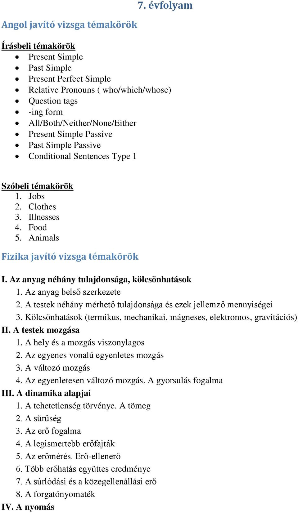 Simple Passive Conditional Sentences Type 1 Szóbeli témakörök 1. Jobs 2. Clothes 3. Illnesses 4. Food 5. Animals Fizika javító vizsga témakörök I. Az anyag néhány tulajdonsága, kölcsönhatások 1.