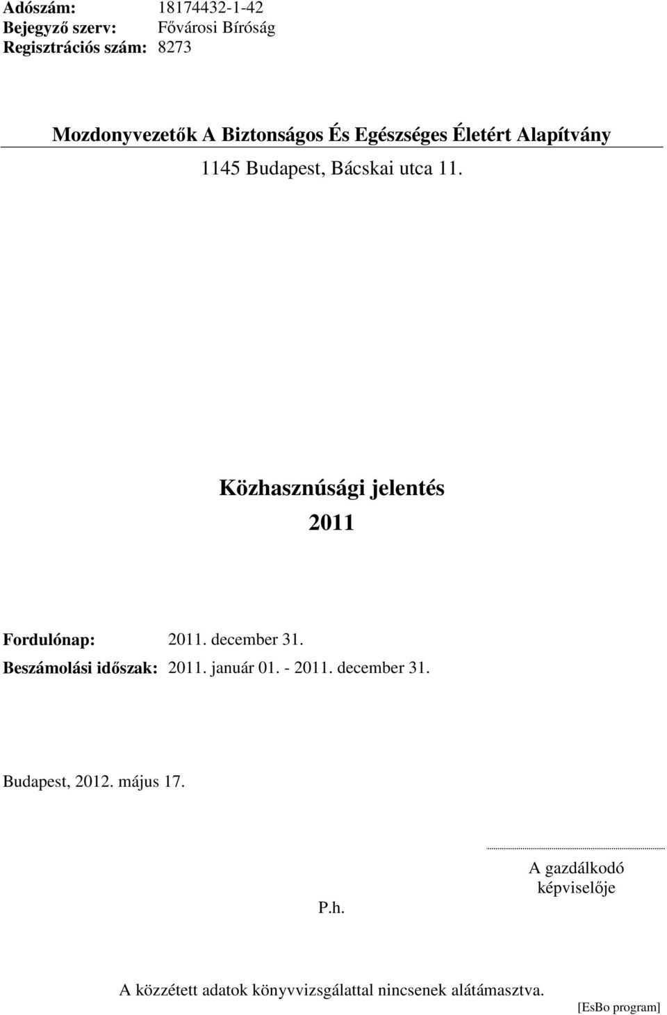 2011 Fordulónap: 2011. december 31. Beszámolási időszak: 2011. január 01. - 2011. december 31. Budapest, 2012.