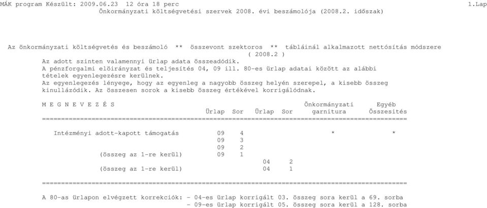 Az egyenlegezés lényege, hogy az egyenleg a nagyobb összeg helyén szerepel, a kisebb összeg kinullázódik. Az összesen sorok a kisebb összeg értékével korrigálódnak.