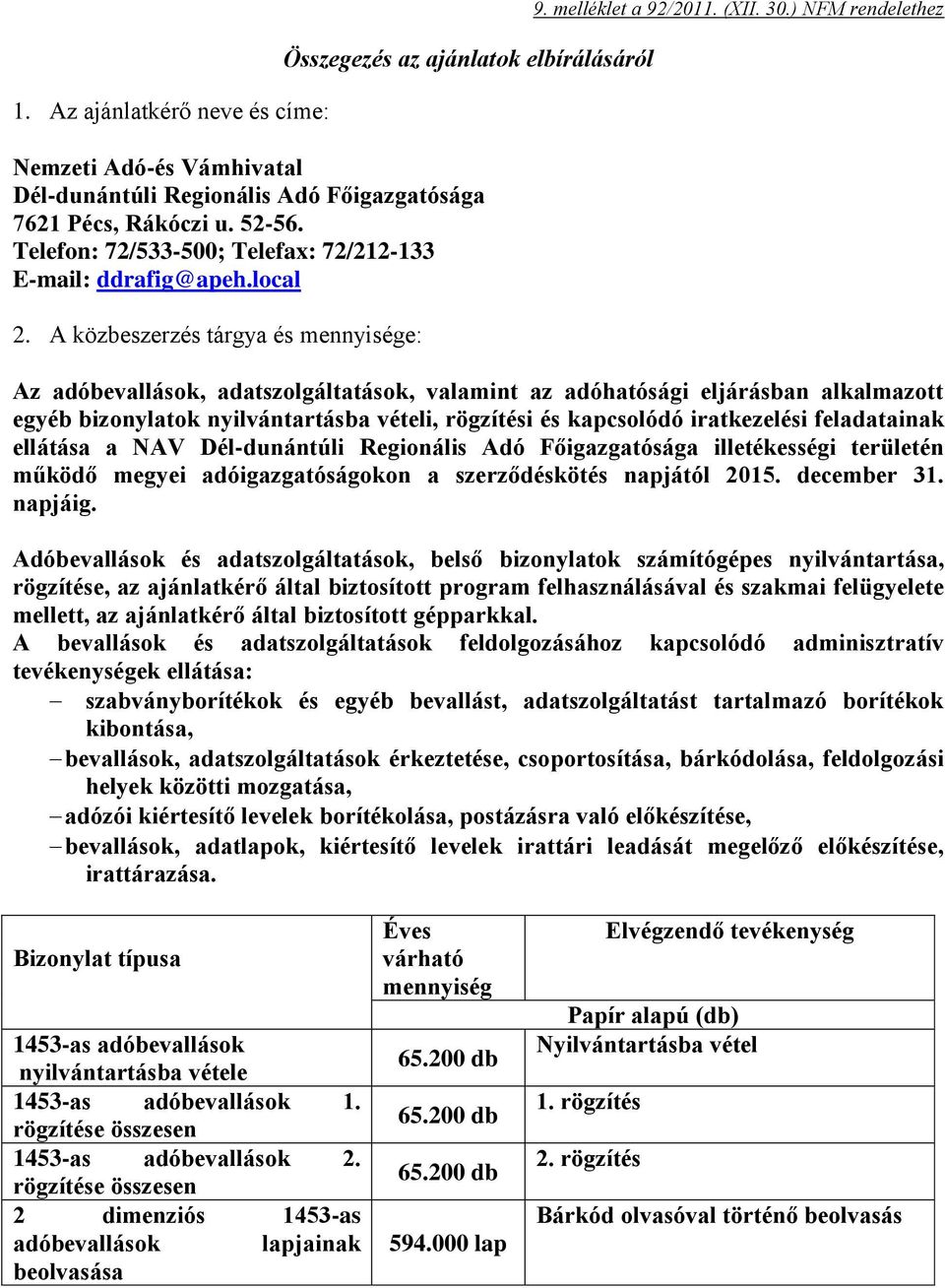 ) NFM rendelethez Az adóbevallások, adatszolgáltatások, valamint az adóhatósági eljárásban alkalmazott egyéb bizonylatok nyilvántartásba vételi, rögzítési és kapcsolódó iratkezelési feladatainak