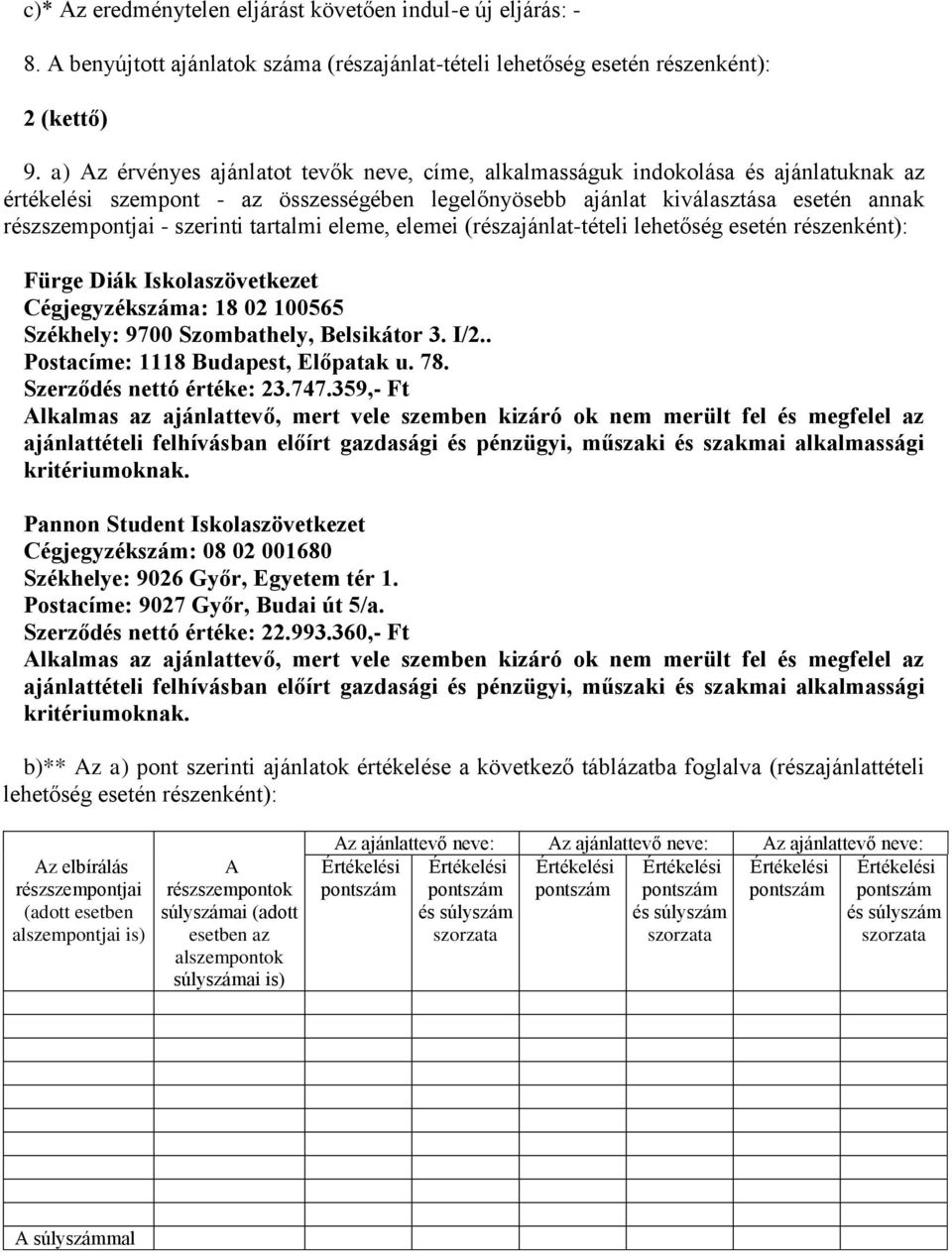 szerinti tartalmi eleme, elemei (részajánlat-tételi lehetőség esetén részenként): Fürge Diák Iskolaszövetkezet Cégjegyzékszáma: 18 02 100565 Székhely: 9700 Szombathely, Belsikátor 3. I/2.