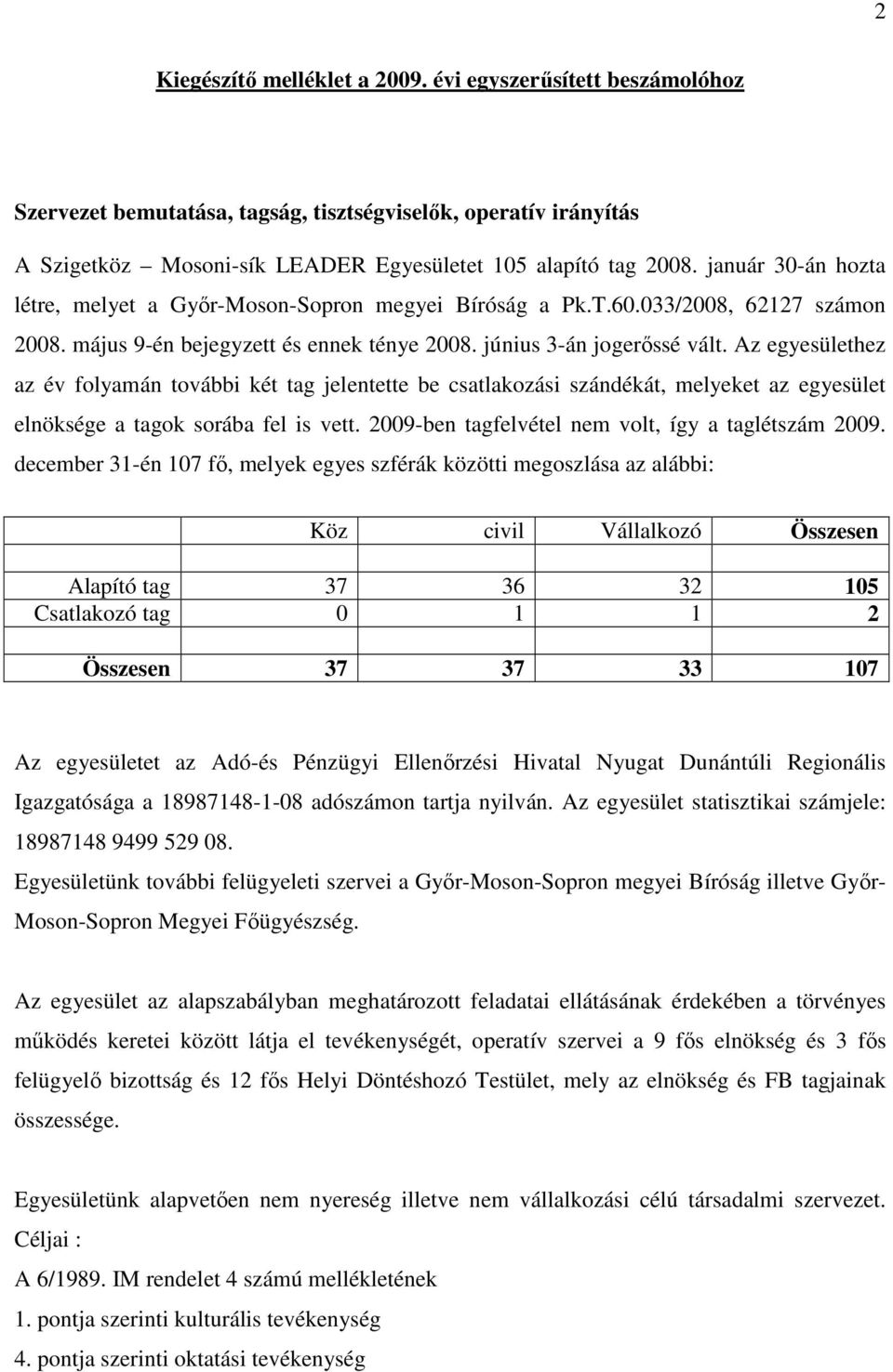 Az egyesülethez az év folyamán további két tag jelentette be csatlakozási szándékát, melyeket az egyesület elnöksége a tagok sorába fel is vett. 2009-ben tagfelvétel nem volt, így a taglétszám 2009.