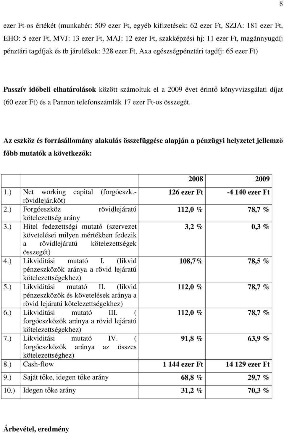 telefonszámlák 17 ezer Ft-os összegét. Az eszköz és forrásállomány alakulás összefüggése alapján a pénzügyi helyzetet jellemző főbb mutatók a következők: 2008 2009 1.) Net working capital (forgóeszk.
