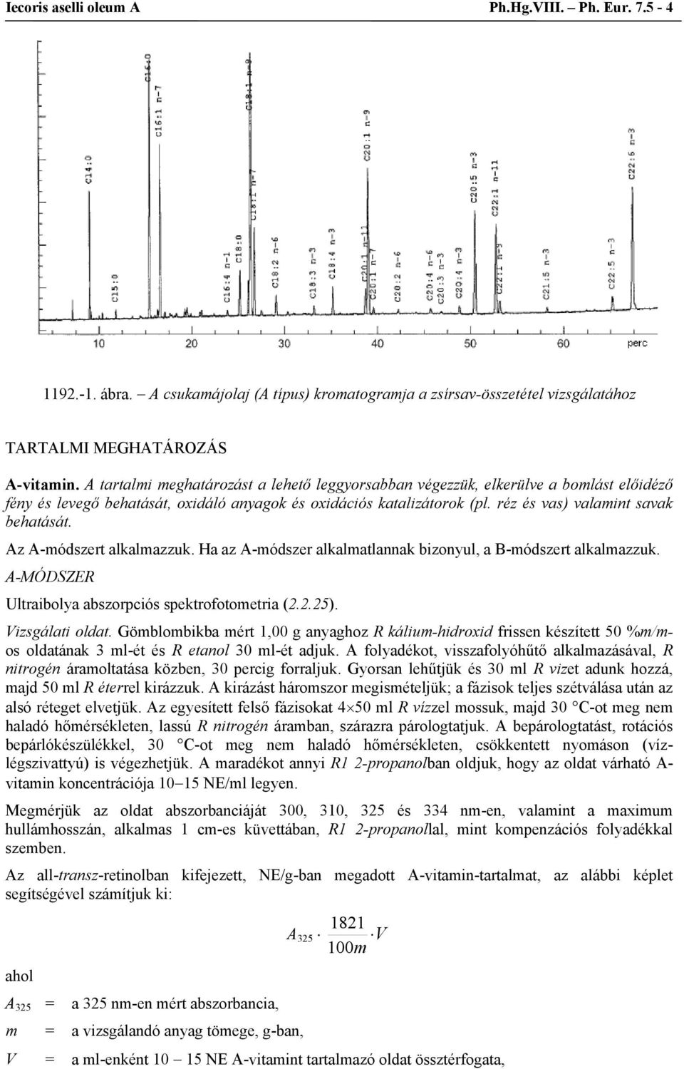 Az A-módszert alkalmazzuk. Ha az A-módszer alkalmatlannak bizonyul, a B-módszert alkalmazzuk. A-MÓDSZER Ultraibolya abszorpciós spektrofotometria (2.2.25). Vizsgálati oldat.