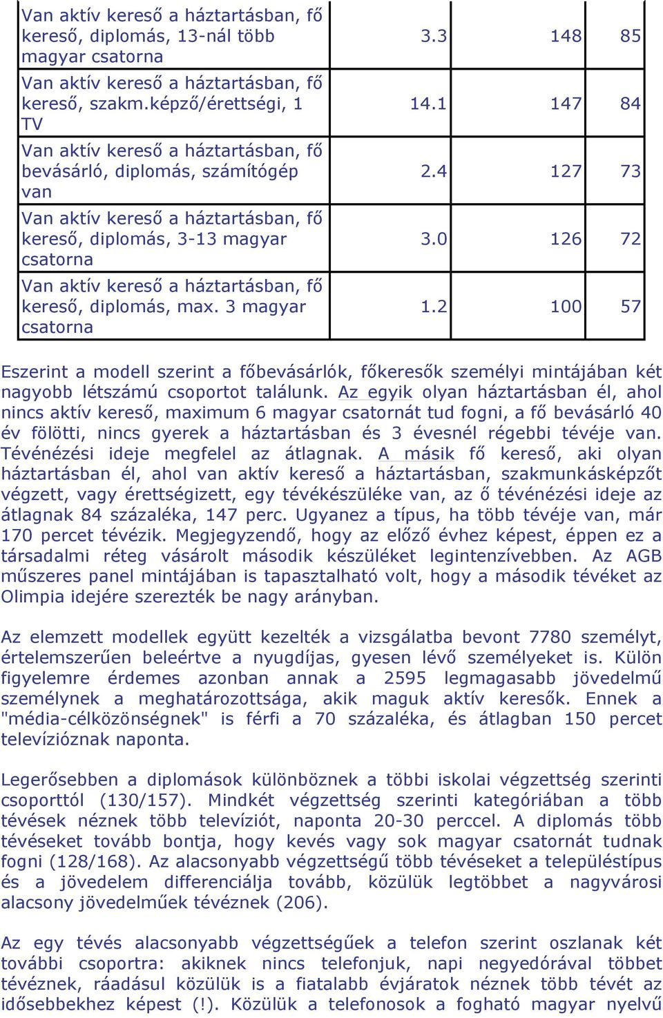 Az egyik olyan háztartásban él, ahol nincs aktív kereső, maximum 6 magyar csatornát tud fogni, a fő bevásárló 40 év fölötti, nincs gyerek a háztartásban és 3 évesnél régebbi tévéje van.