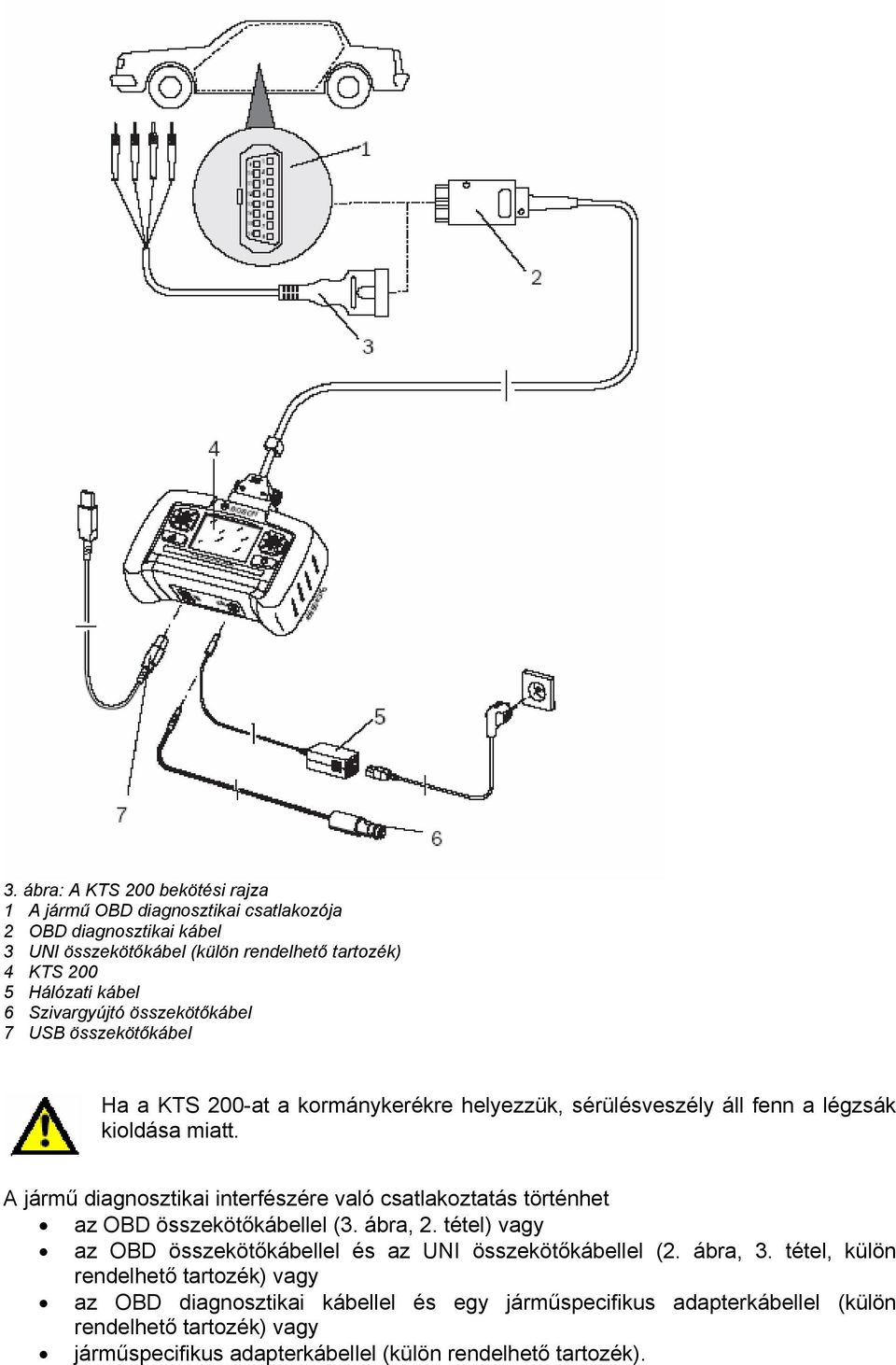 A jármű diagnosztikai interfészére való csatlakoztatás történhet az OBD összekötőkábellel (3. ábra, 2. tétel) vagy az OBD összekötőkábellel és az UNI összekötőkábellel (2.