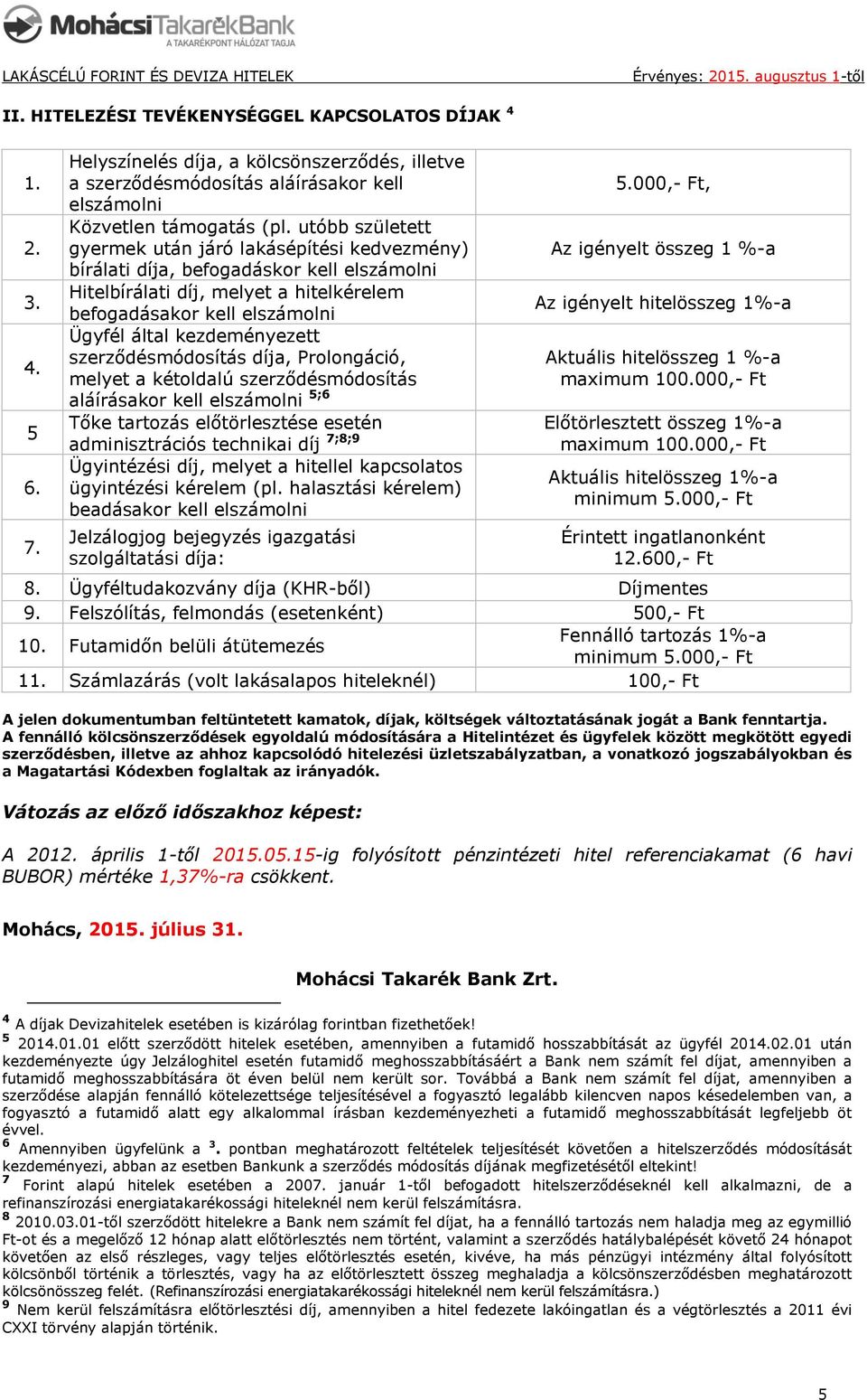 kezdeményezett szerződésmódosítás díja, Prolongáció, melyet a kétoldalú szerződésmódosítás aláírásakor kell elszámolni 5;6 Tőke tartozás előtörlesztése esetén adminisztrációs technikai díj 7;8;9