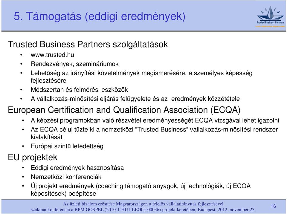 felügyelete és az eredmények közzététele European Certification and Qualification Association (ECQA) A képzési programokban való részvétel eredményességét ECQA vizsgával lehet igazolni Az