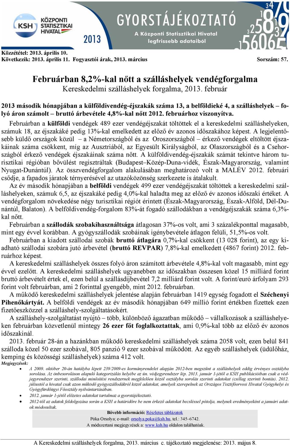 február 2013 második hónapjában a külföldivendég-éjszakák száma 13, a belföldieké 4, a szálláshelyek folyó áron számolt bruttó árbevétele 4,8%-kal nőtt 2012. februárhoz viszonyítva.