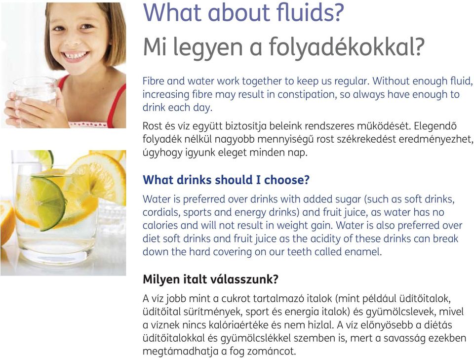 Elegendő folyadék nélkül nagyobb mennyiségű rost székrekedést eredményezhet, úgyhogy igyunk eleget minden nap. What drinks should I choose?