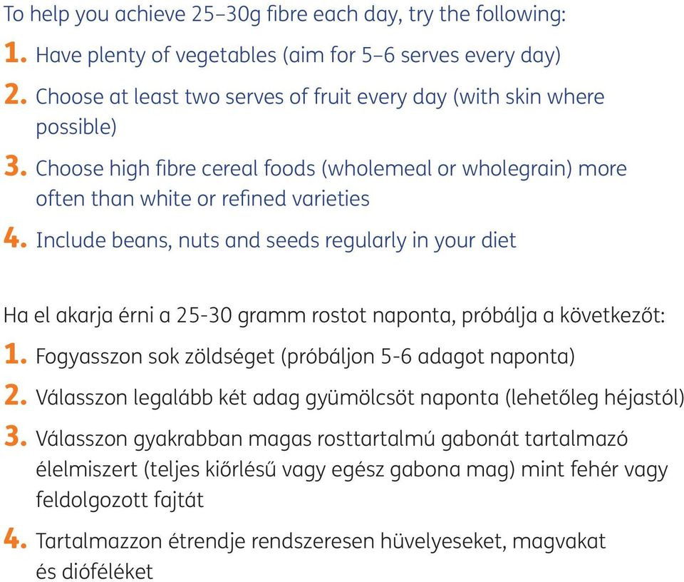 Include beans, nuts and seeds regularly in your diet Ha el akarja érni a 25-30 gramm rostot naponta, próbálja a következőt: 1. Fogyasszon sok zöldséget (próbáljon 5-6 adagot naponta) 2.