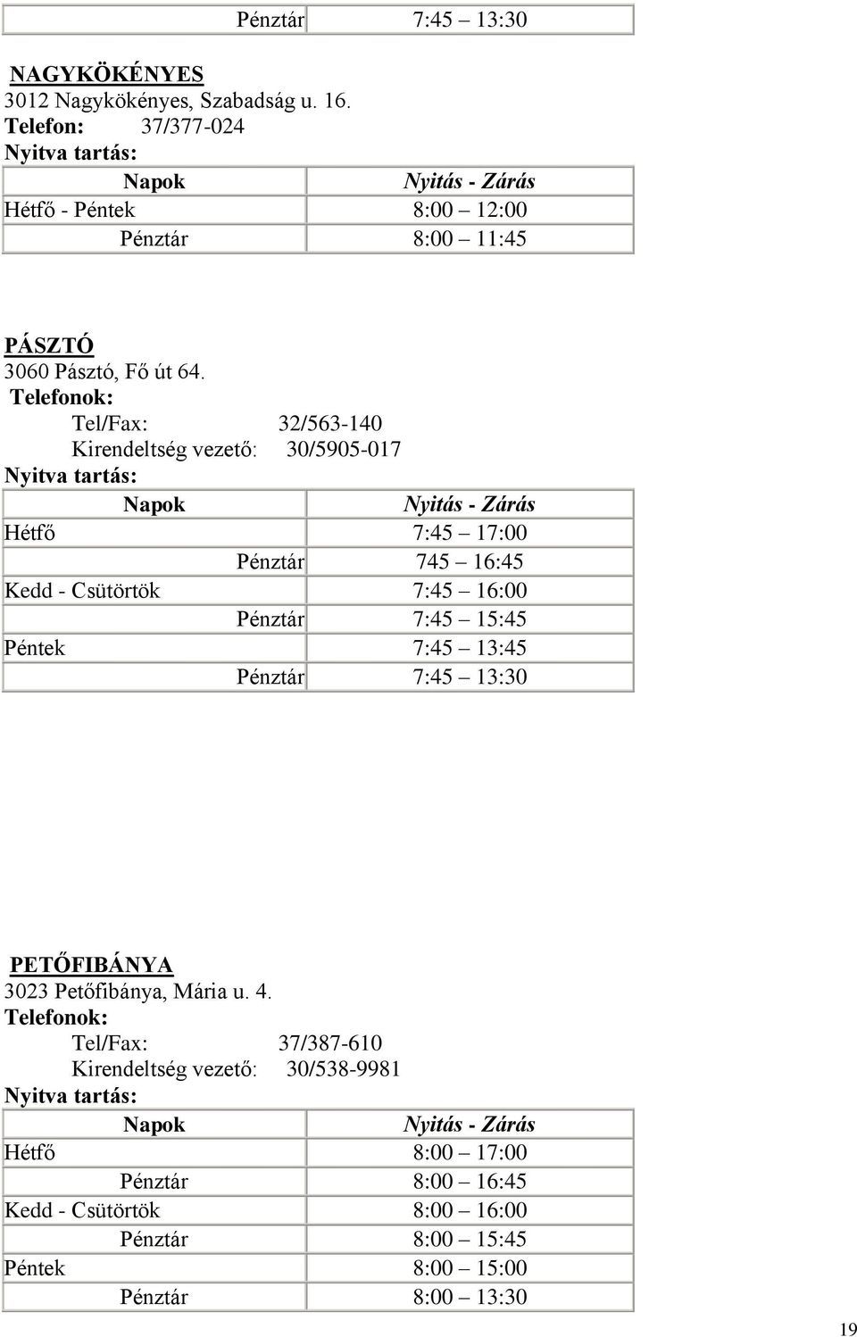 Tel/Fax: 32/563-140 Kirendeltség vezető: 30/5905-017 PETŐFIBÁNYA 3023 Petőfibánya, Mária u. 4.