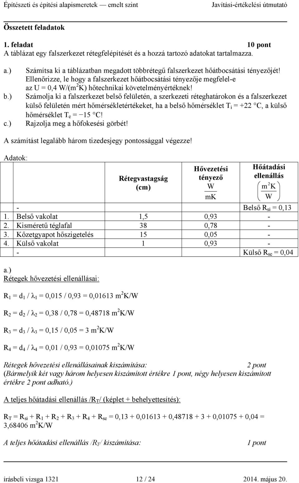 Ellenőrizze, le hogy a falszerkezet hőátbocsátási tényezője megfelel-e az U = 0,4 W/(m 2 K) hőtechnikai követelményértéknek!