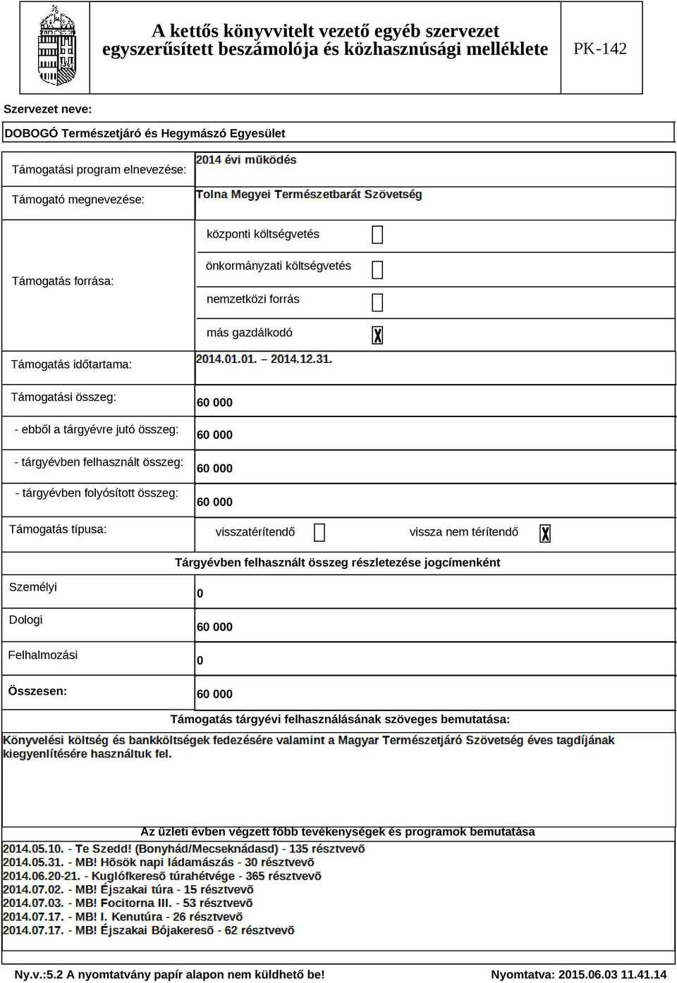 folyósított összeg: Támogatás típusa: 60 000 60 000 60 000 60 000 visszatérítendő vissza nem térítendő Tárgyévben felhasznált összeg részletezése jogcímenként Személyi