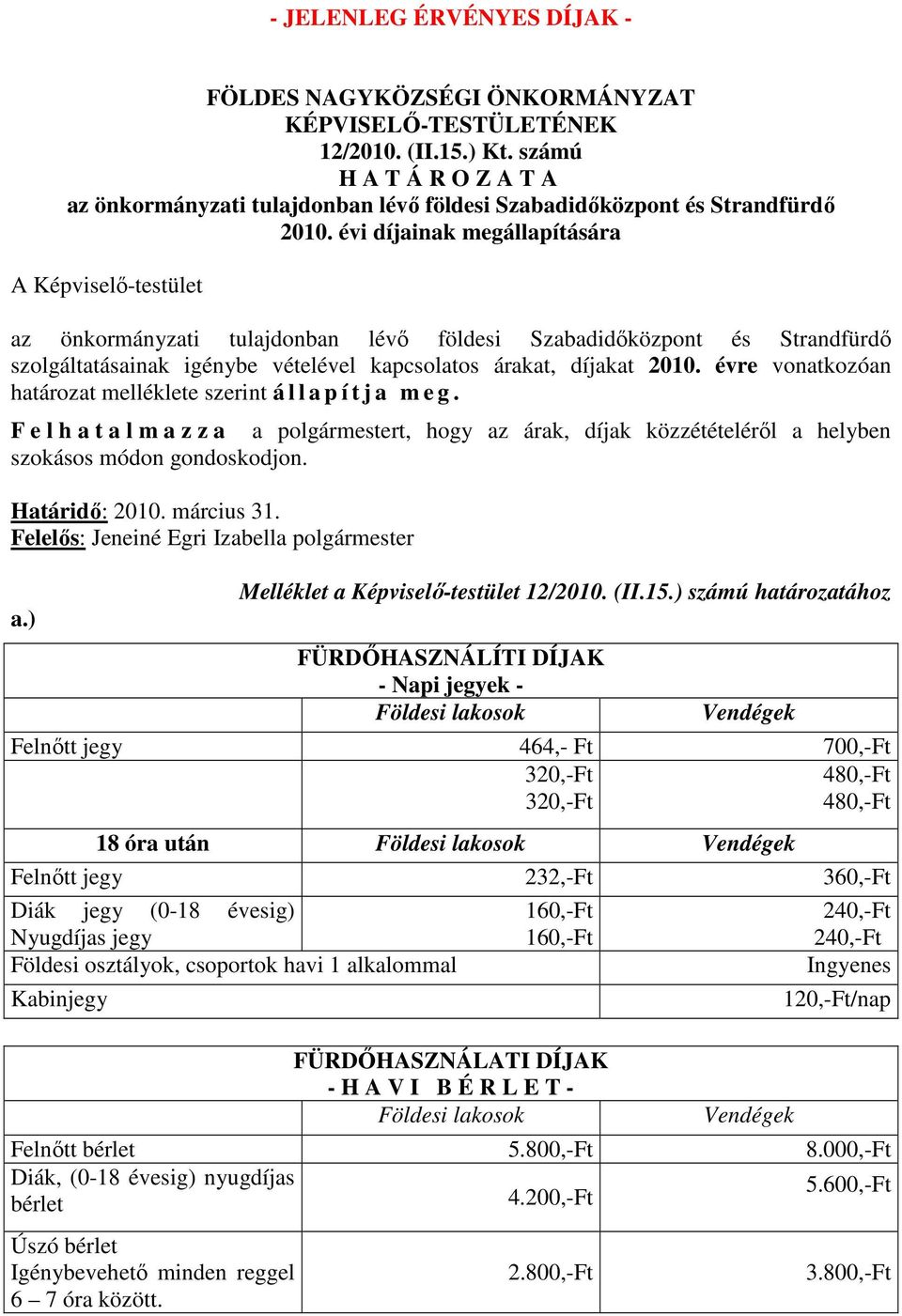 F e l h a t a l m a z z a a polgármestert, hogy az árak, díjak közzétételéről a helyben szokásos módon gondoskodjon. Határidő: 2010. március 31. Felelős: Jeneiné Egri Izabella polgármester a.