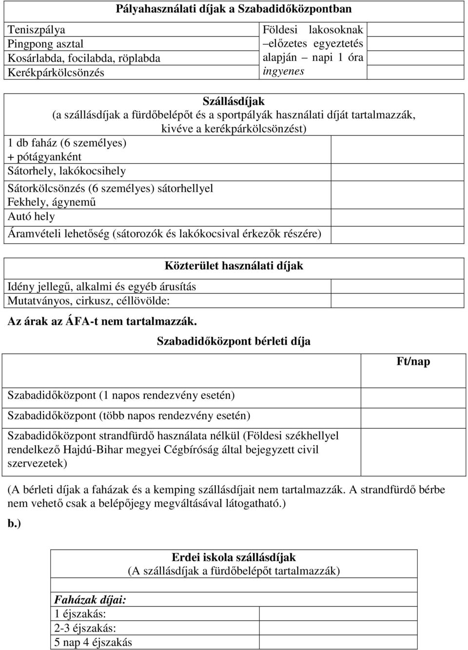 Sátorkölcsönzés (6 személyes) sátorhellyel Fekhely, ágynemű Autó hely Áramvételi lehetőség (sátorozók és lakókocsival érkezők részére) Idény jellegű, alkalmi és egyéb árusítás Mutatványos, cirkusz,